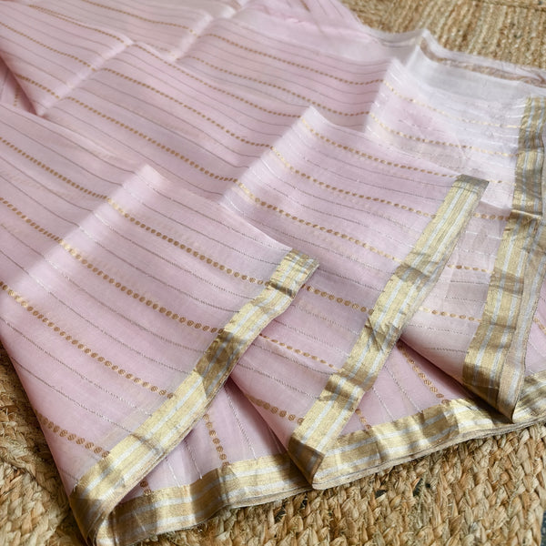Baby pink silk organza with golden and silver zari stripes