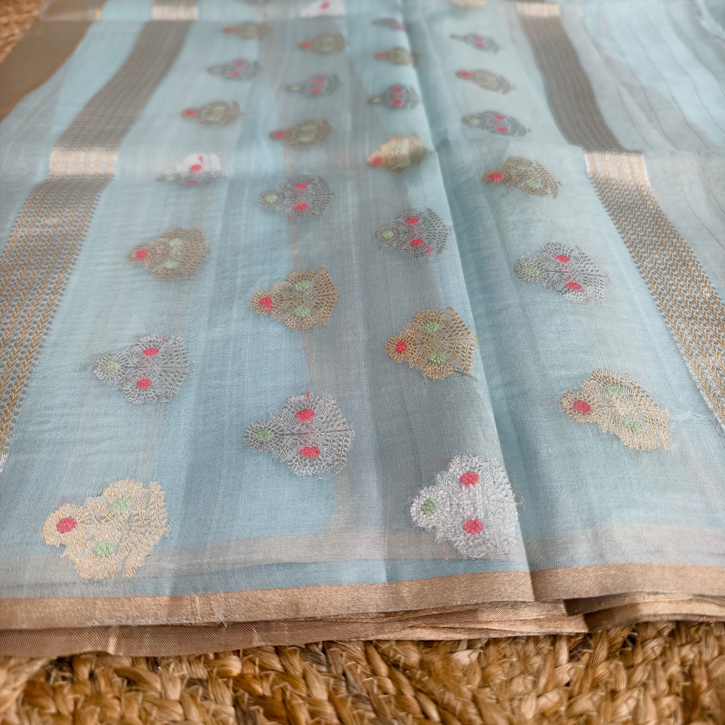 Sky blue silk organza saree