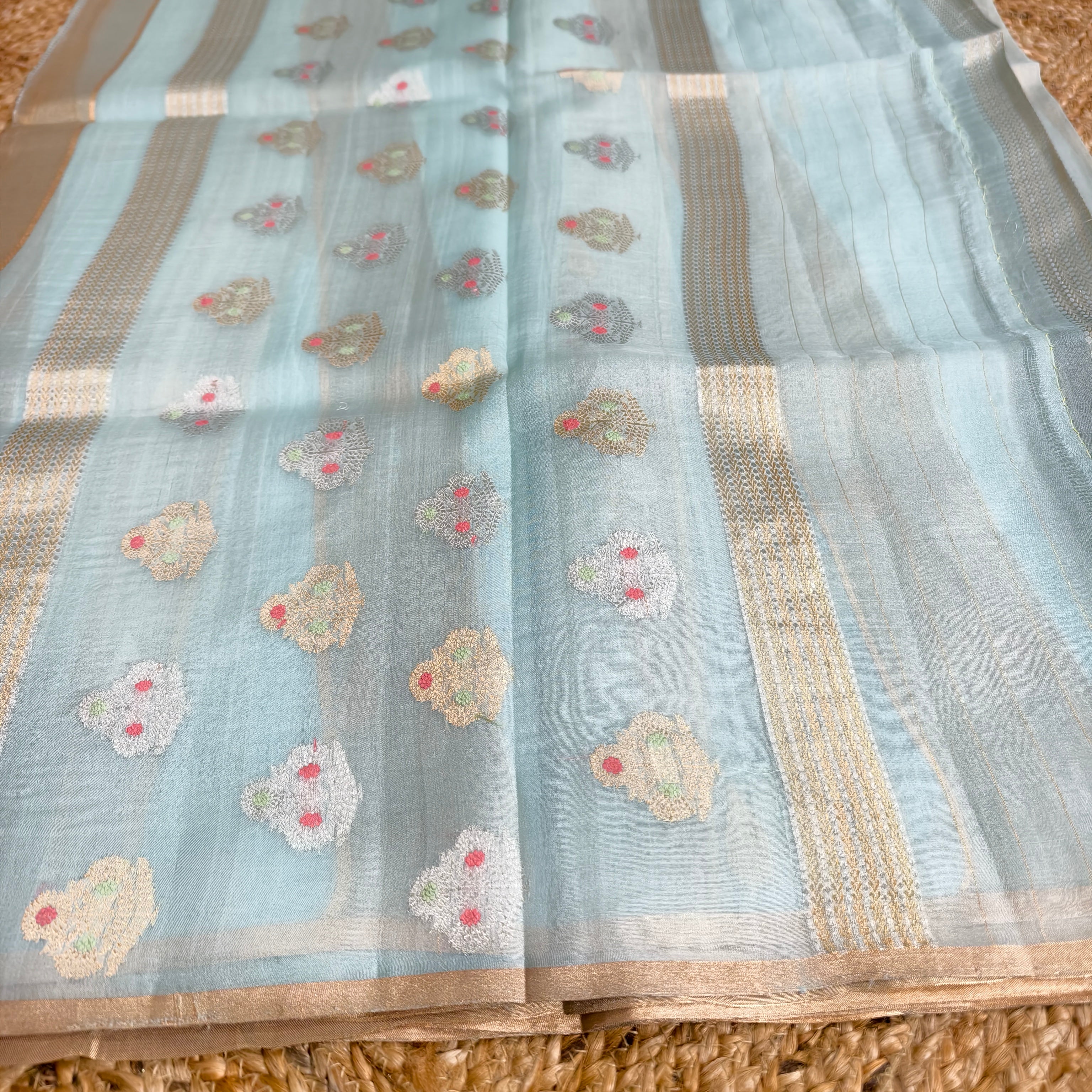 Sky blue silk organza saree