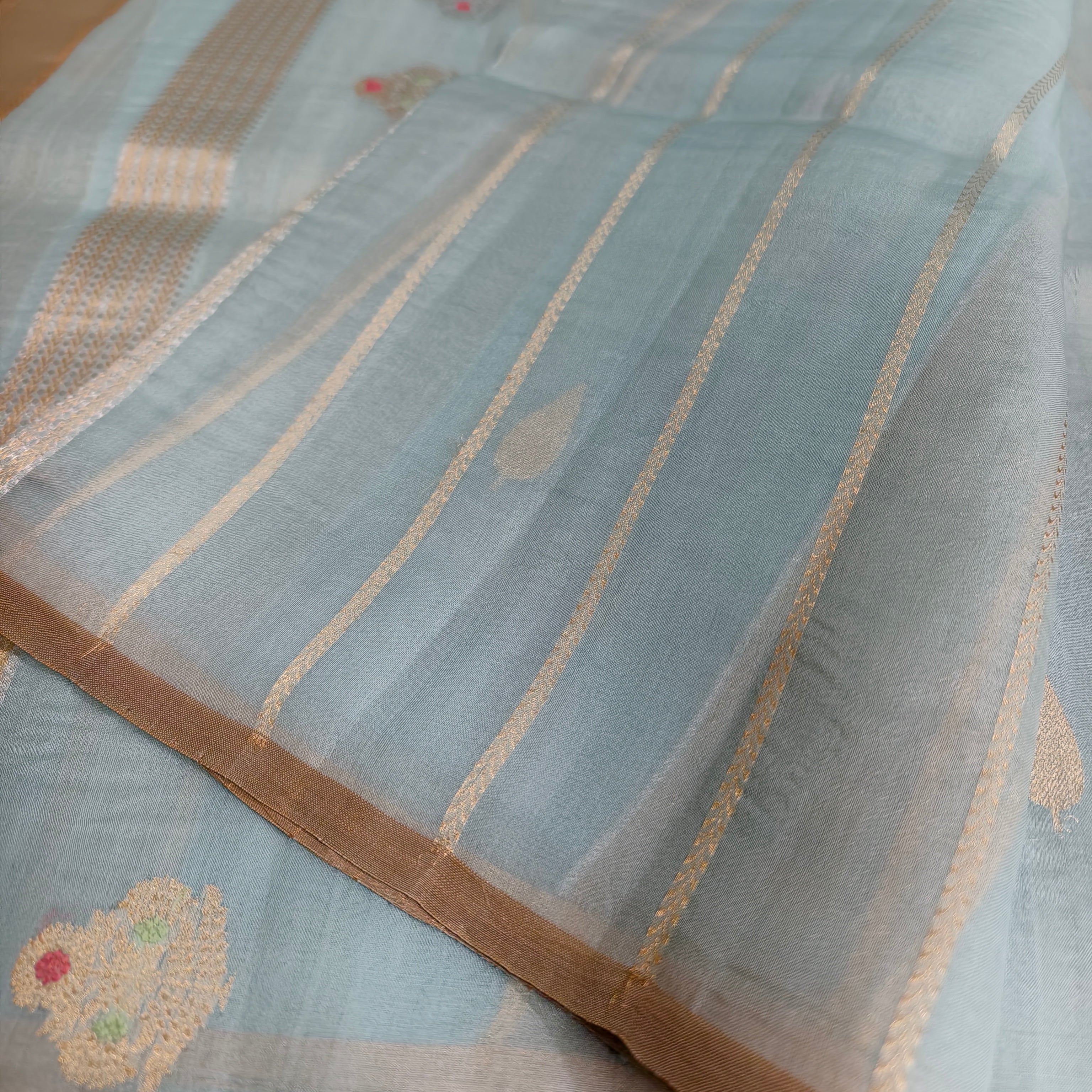 Sky blue silk organza saree