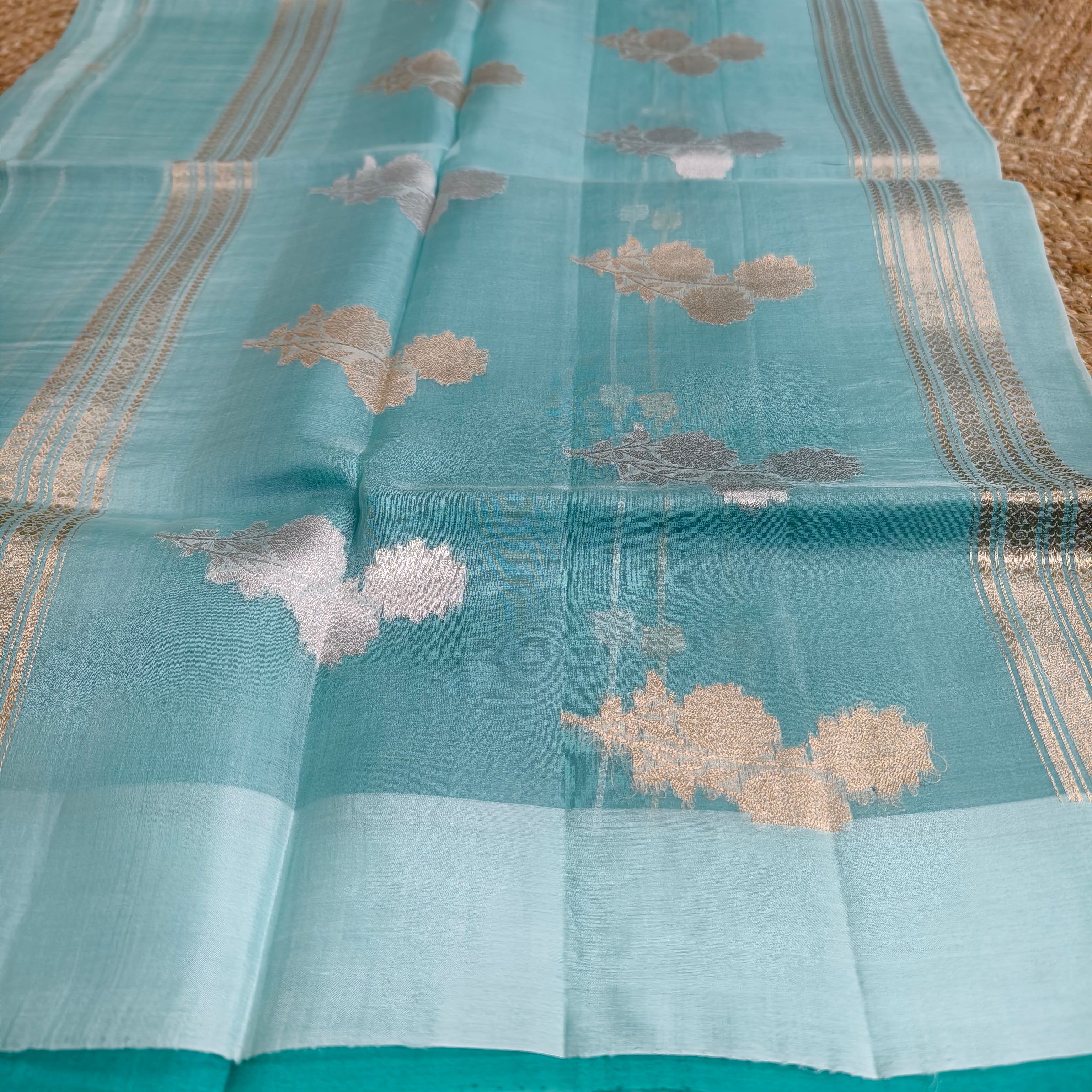 Half and half sky blue and teal blue silk organza saree