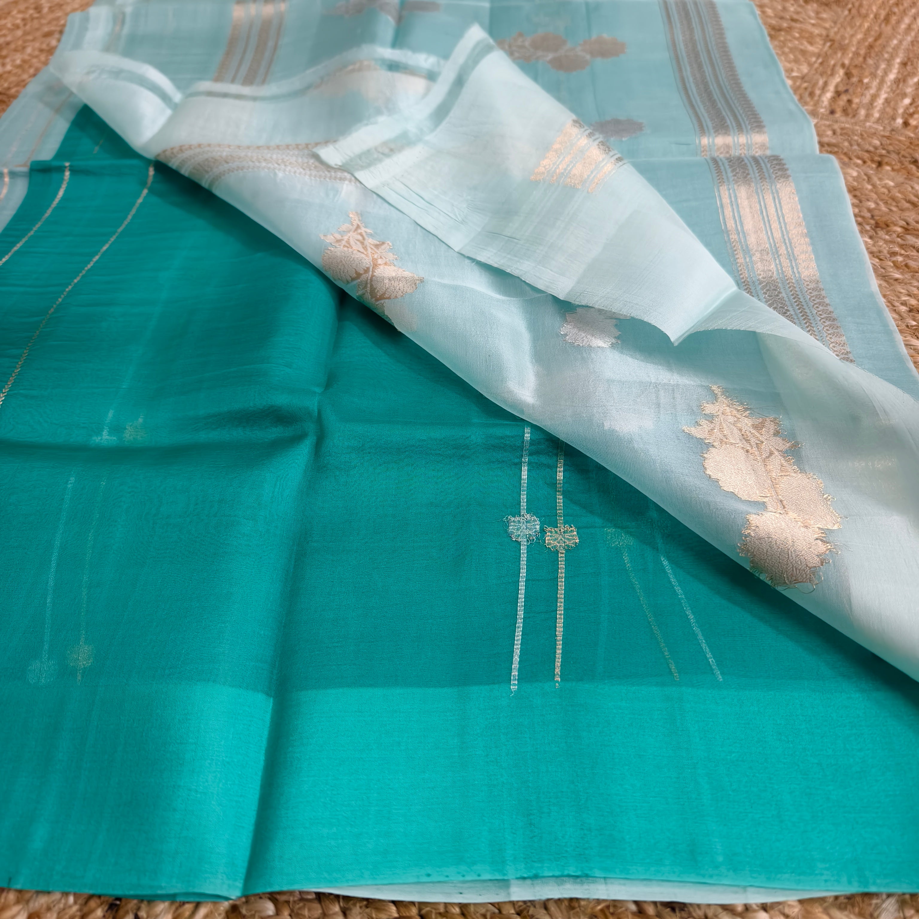 Half and half sky blue and teal blue silk organza saree