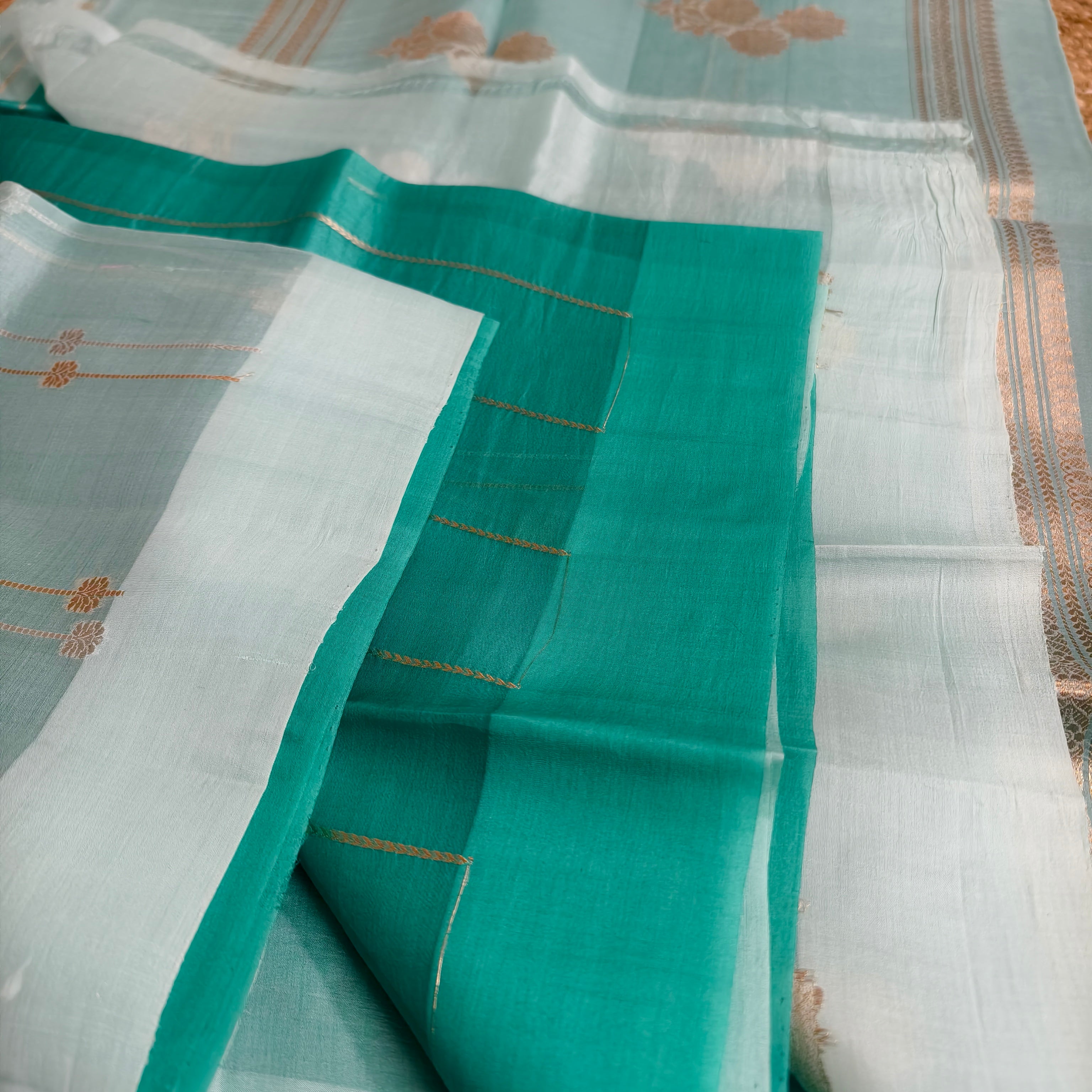 Half and half sky blue and teal blue silk organza saree