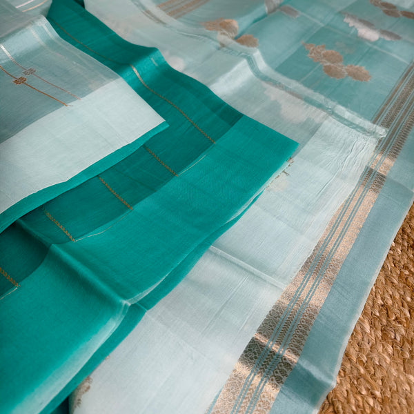 Half and half sky blue and teal blue silk organza saree