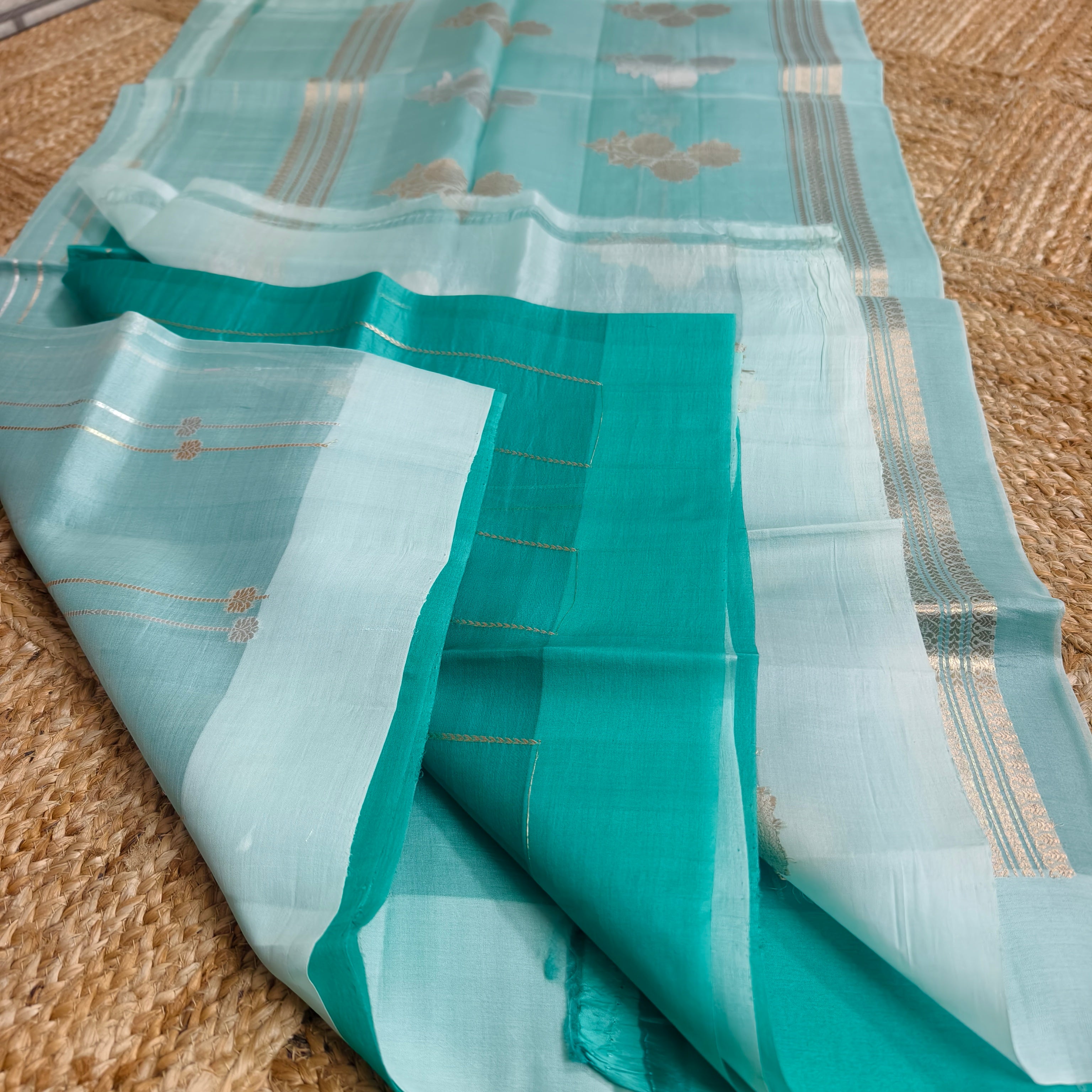 Half and half sky blue and teal blue silk organza saree