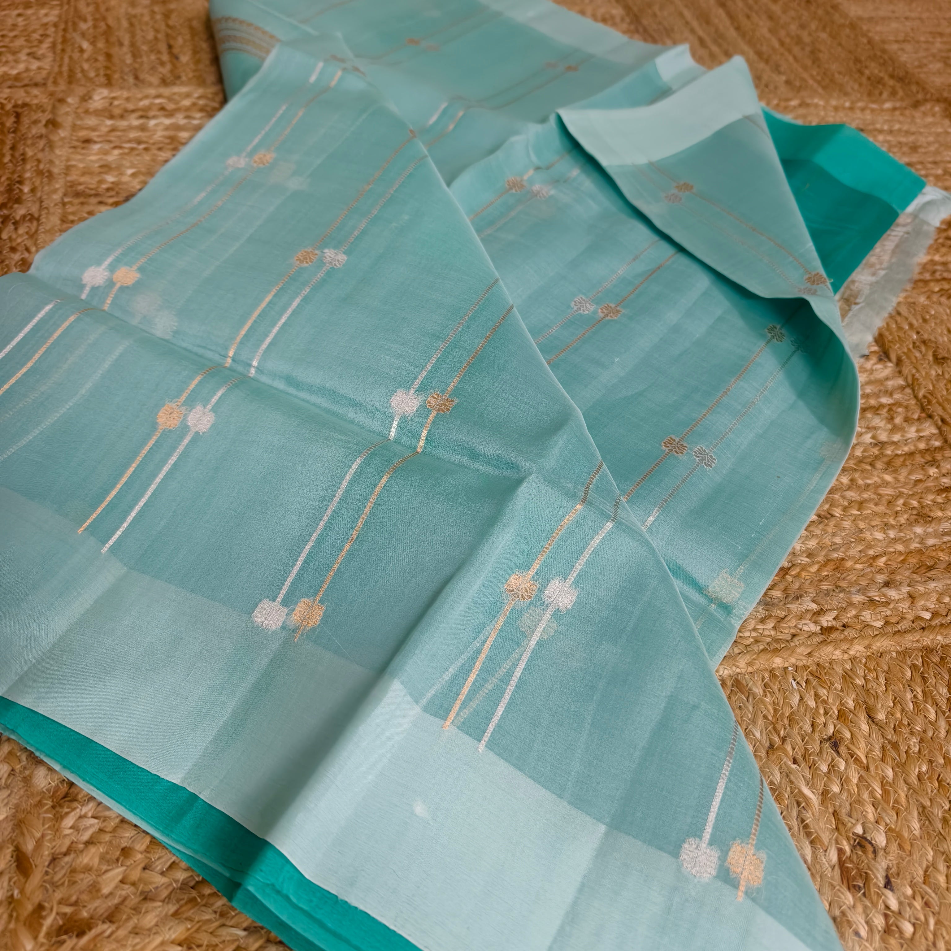 Half and half sky blue and teal blue silk organza saree