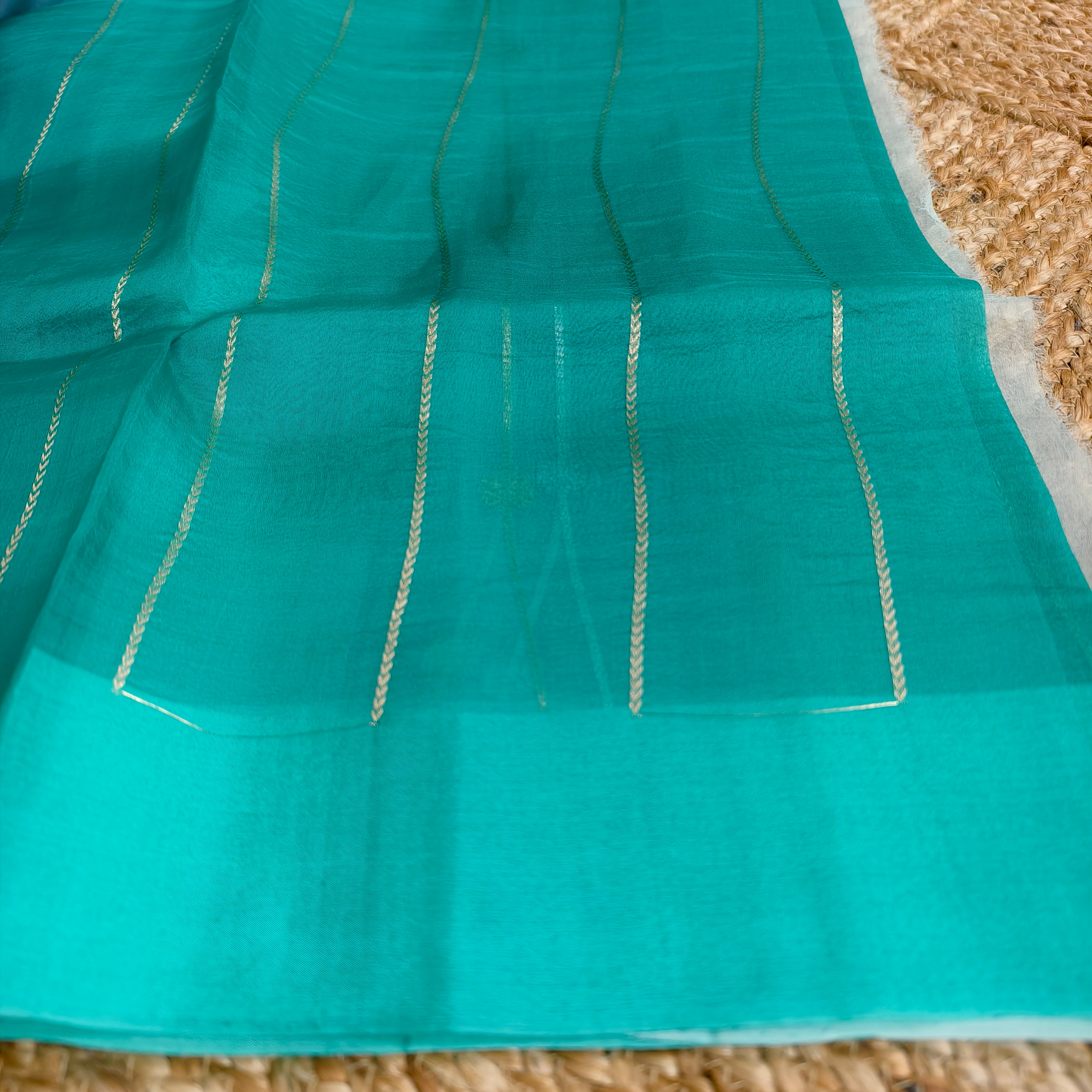 Half and half sky blue and teal blue silk organza saree
