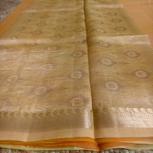Half and half pale orange and dark orange silk organza saree