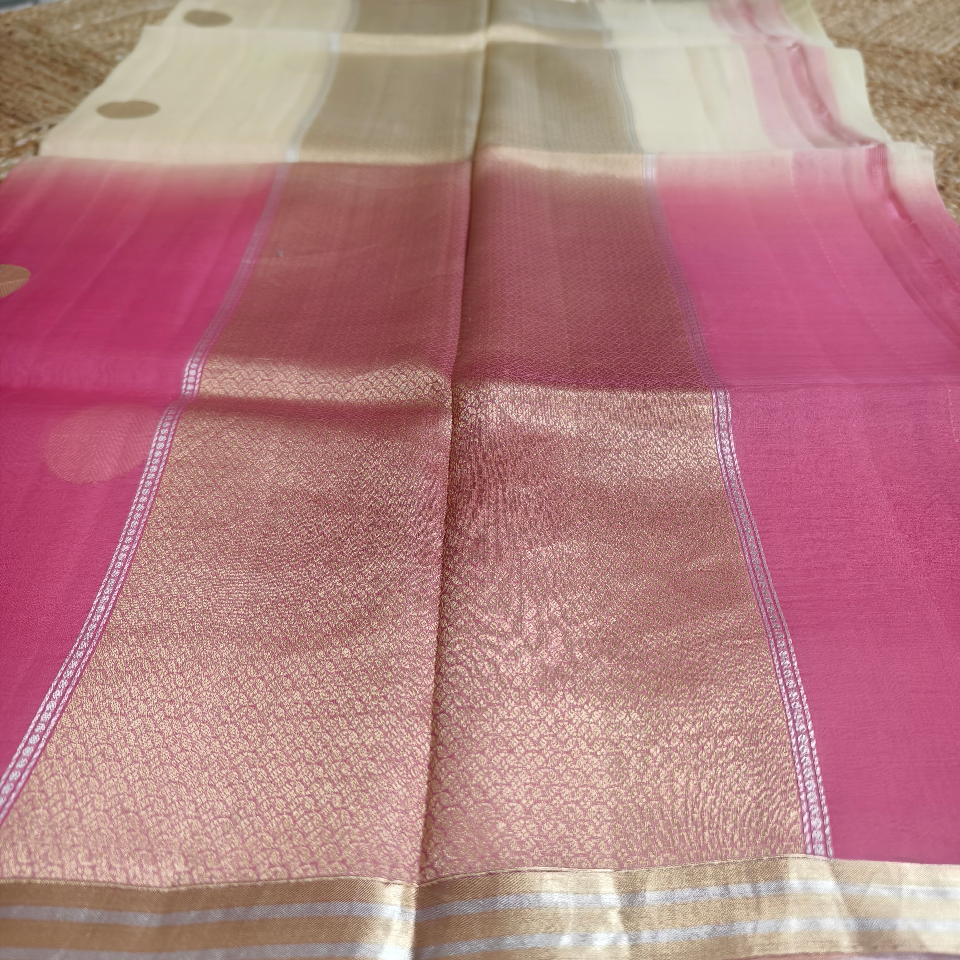 Half and half beige and pink silk organza saree