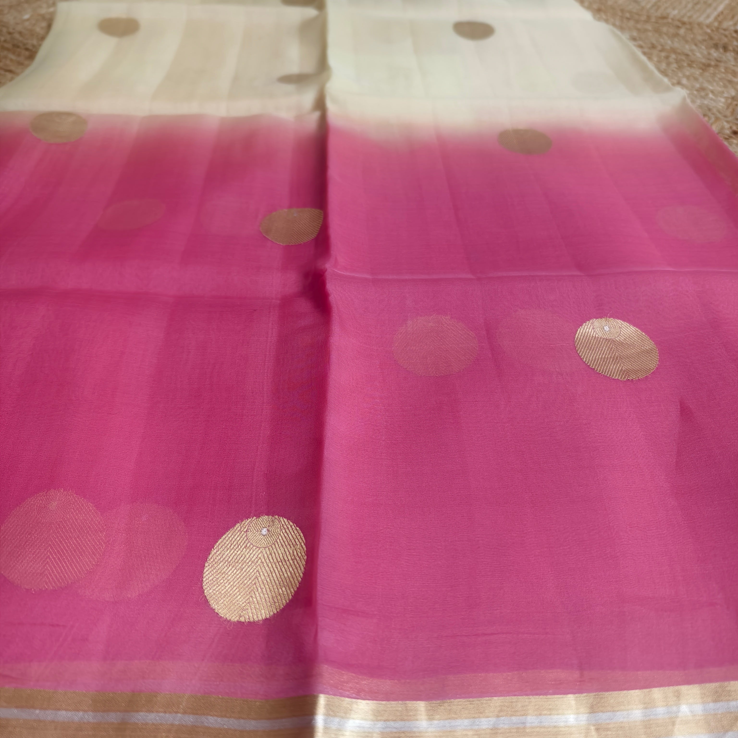 Half and half beige and pink silk organza saree