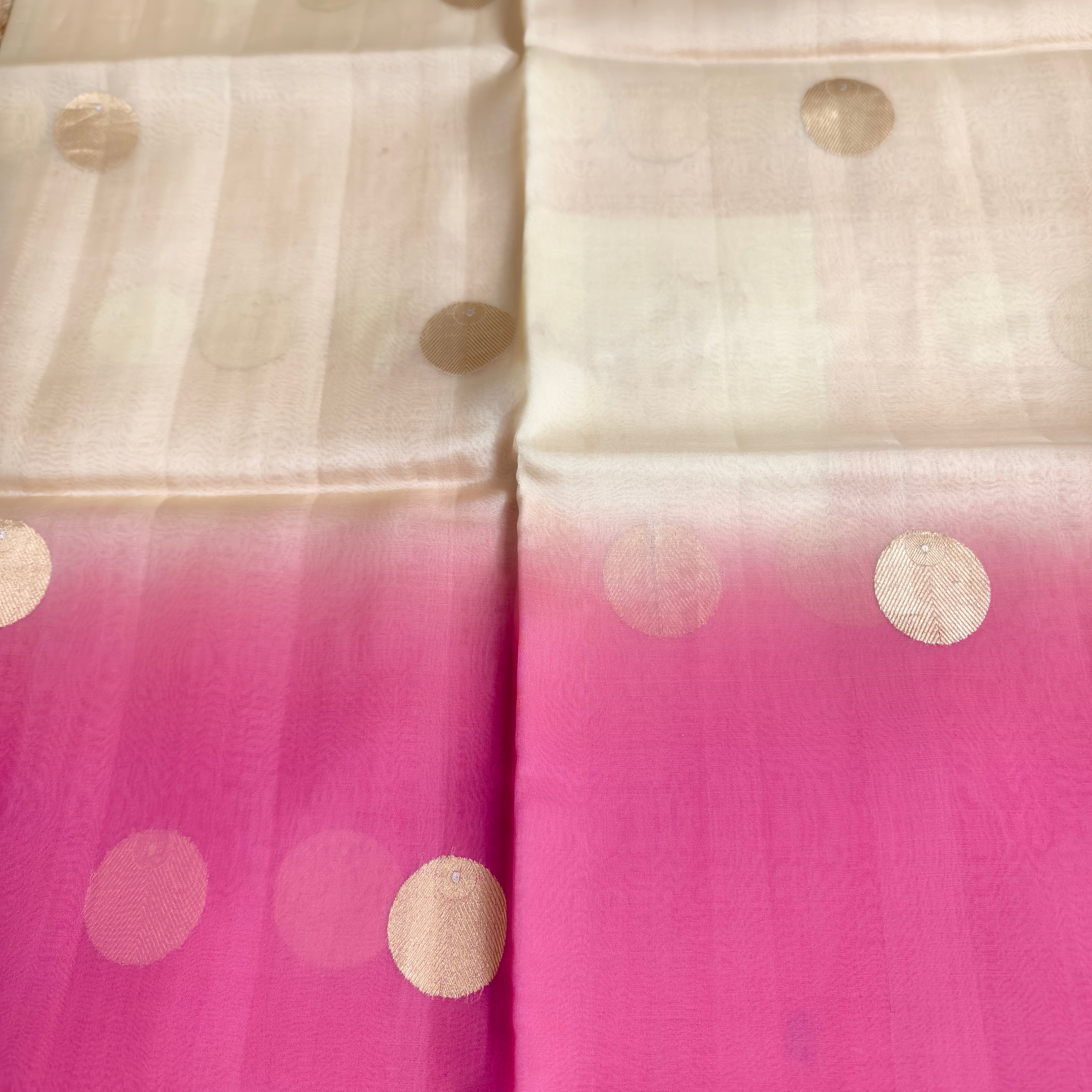 Half and half beige and pink silk organza saree