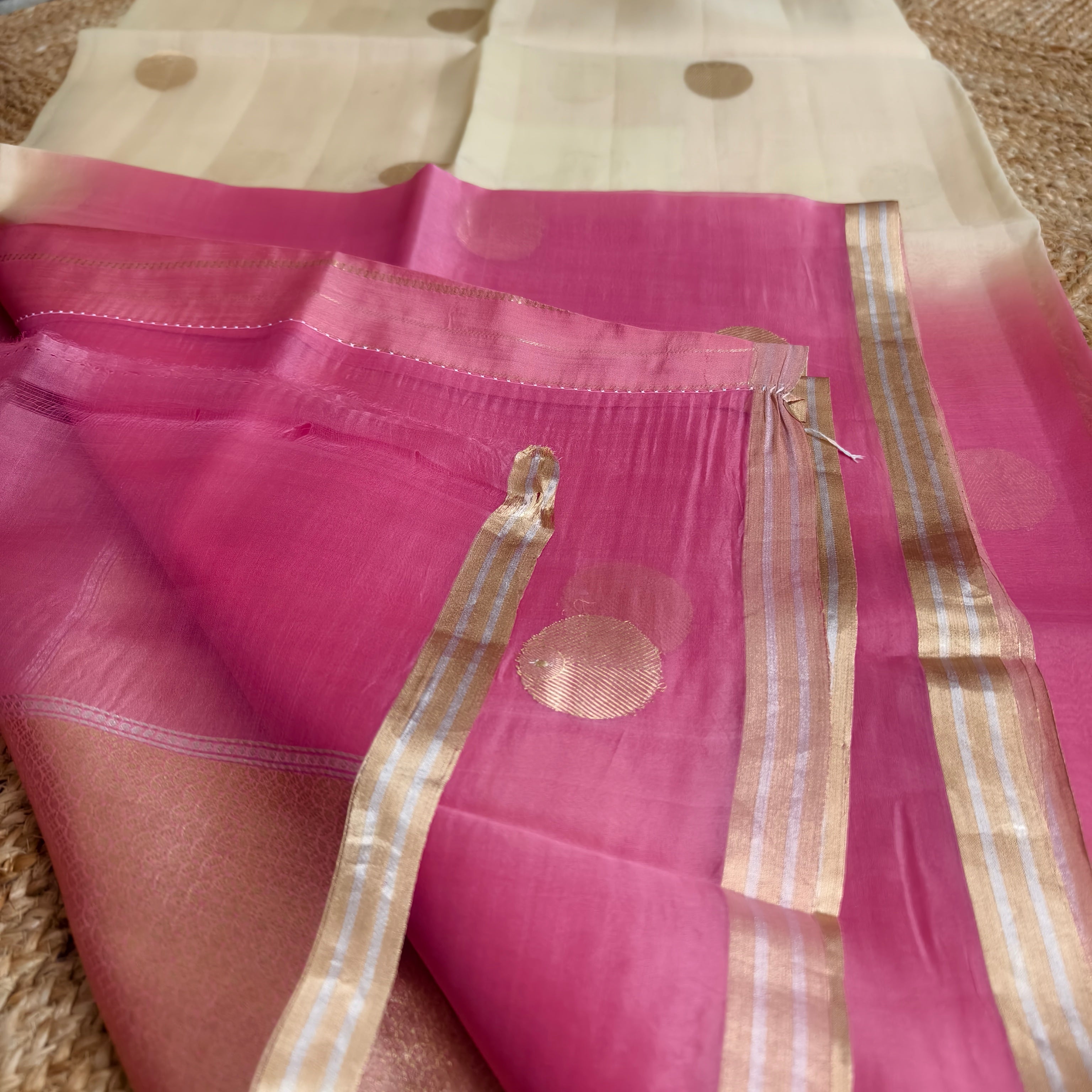 Half and half beige and pink silk organza saree