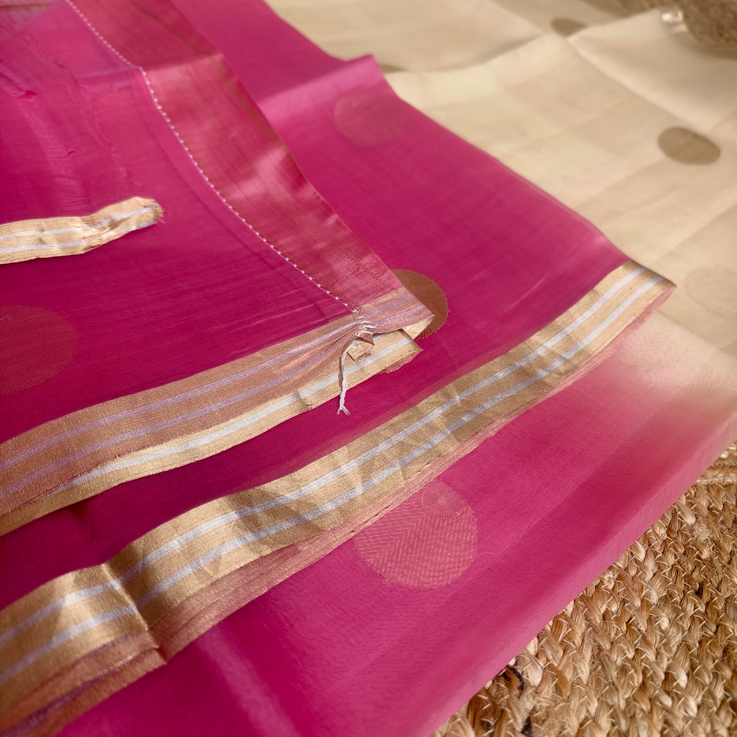Half and half beige and pink silk organza saree
