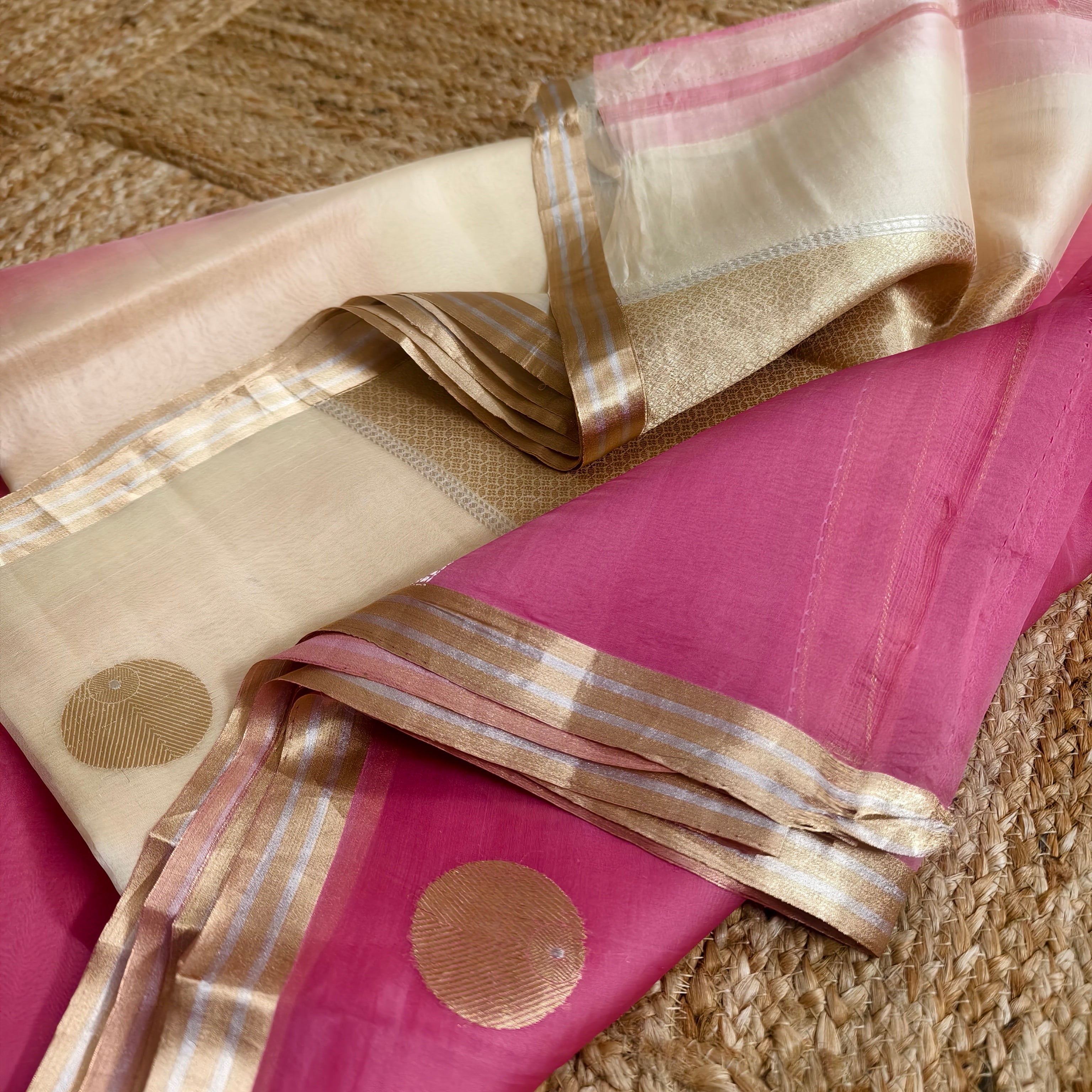 Half and half beige and pink silk organza saree