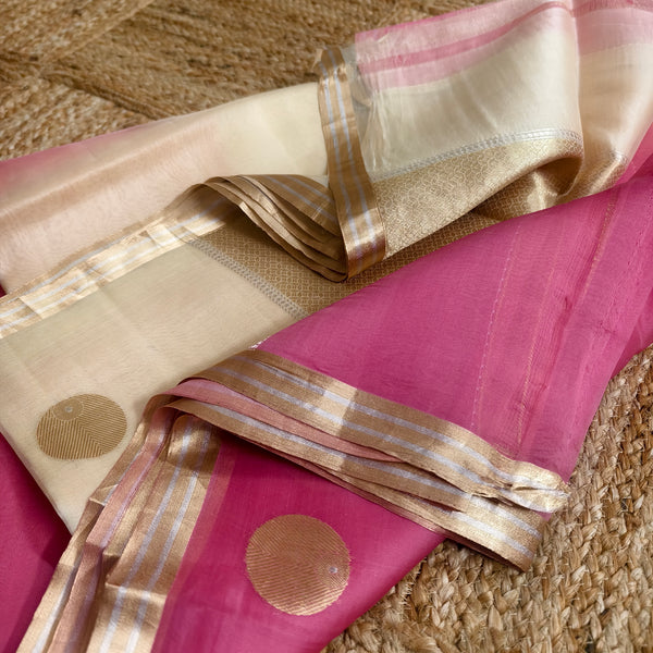 Half and half beige and pink silk organza saree