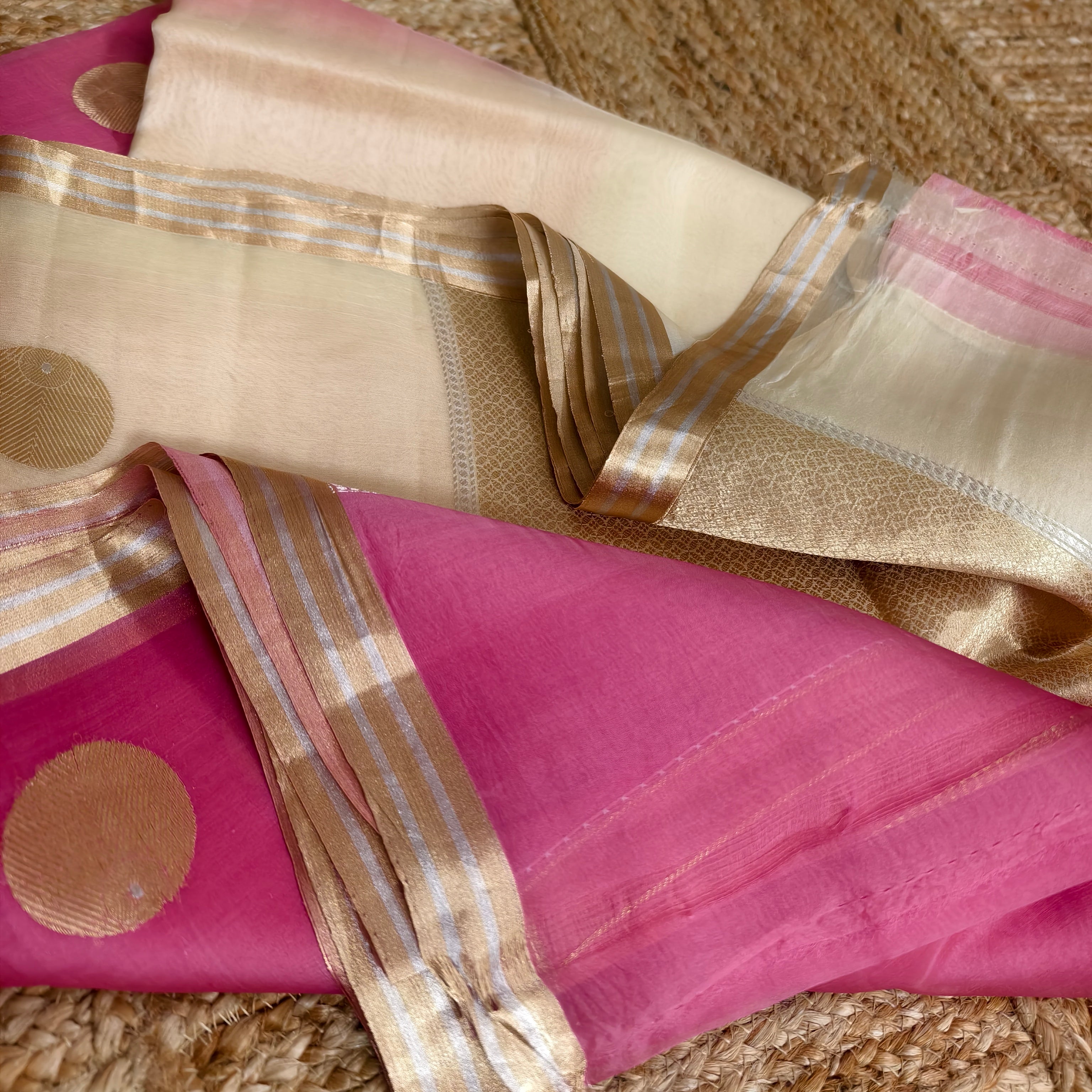 Half and half beige and pink silk organza saree