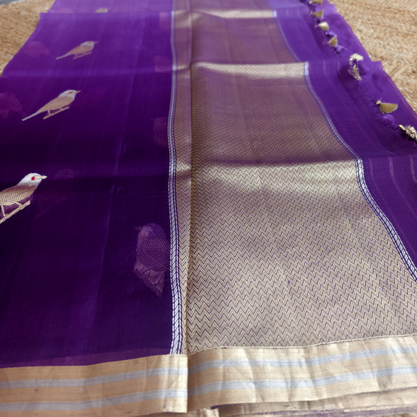 Shaded purple silk organza saree with small bird shaped weaving