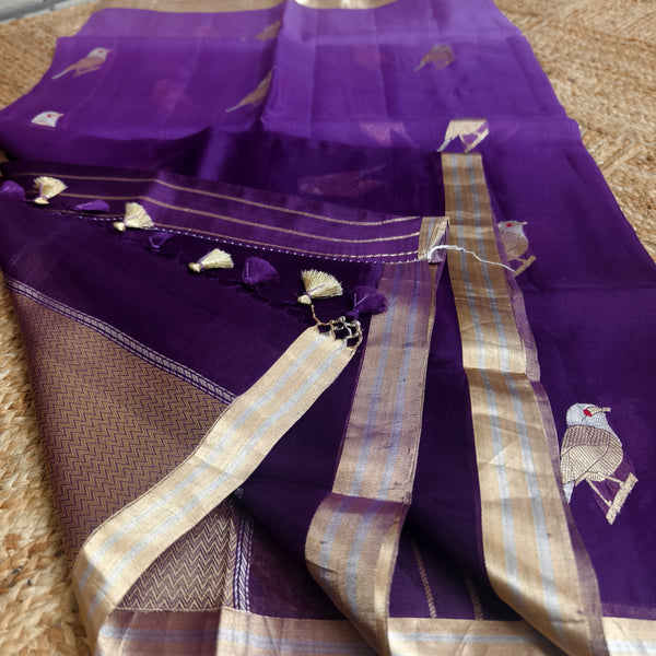Shaded purple silk organza saree with small bird shaped weaving