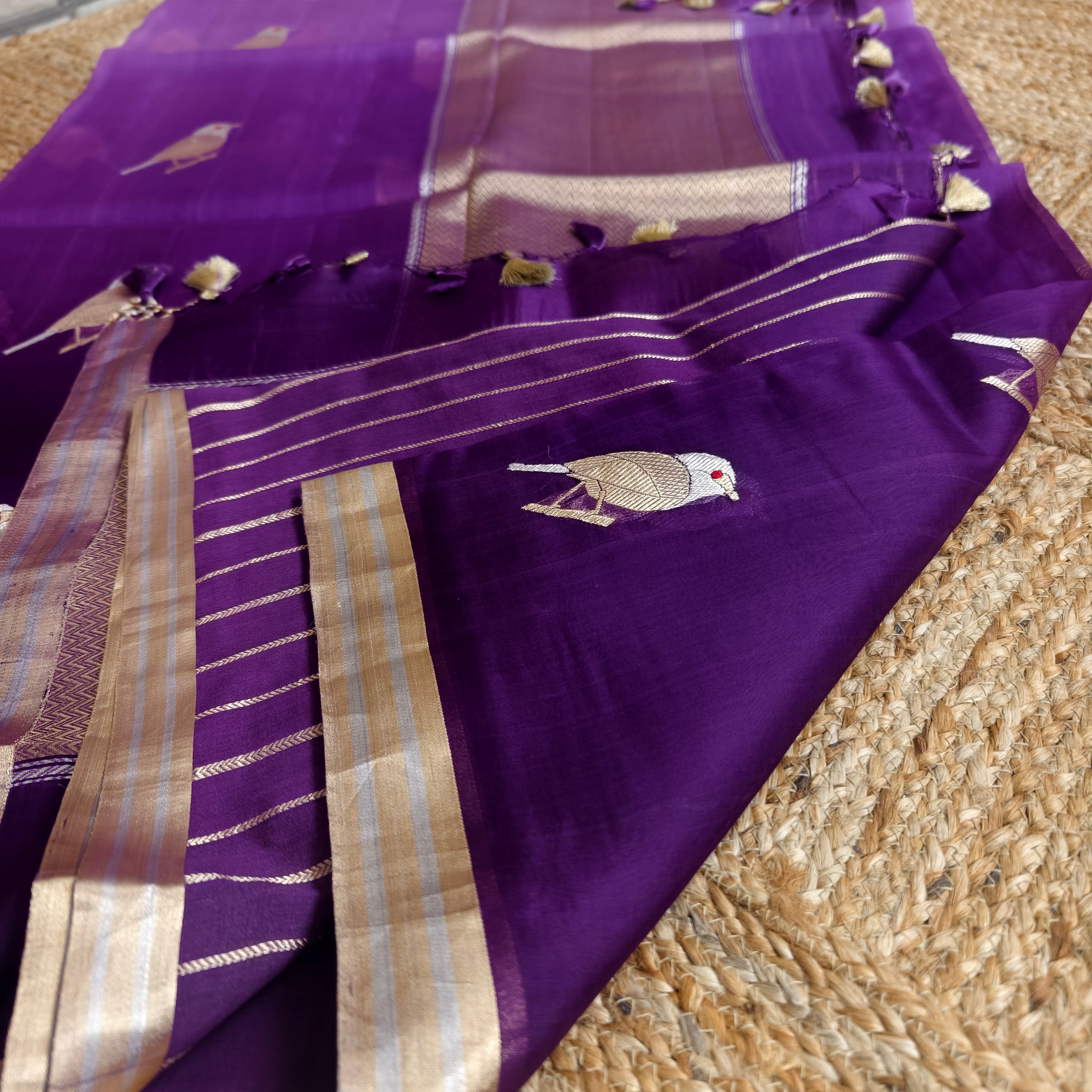 Shaded purple silk organza saree with small bird shaped weaving