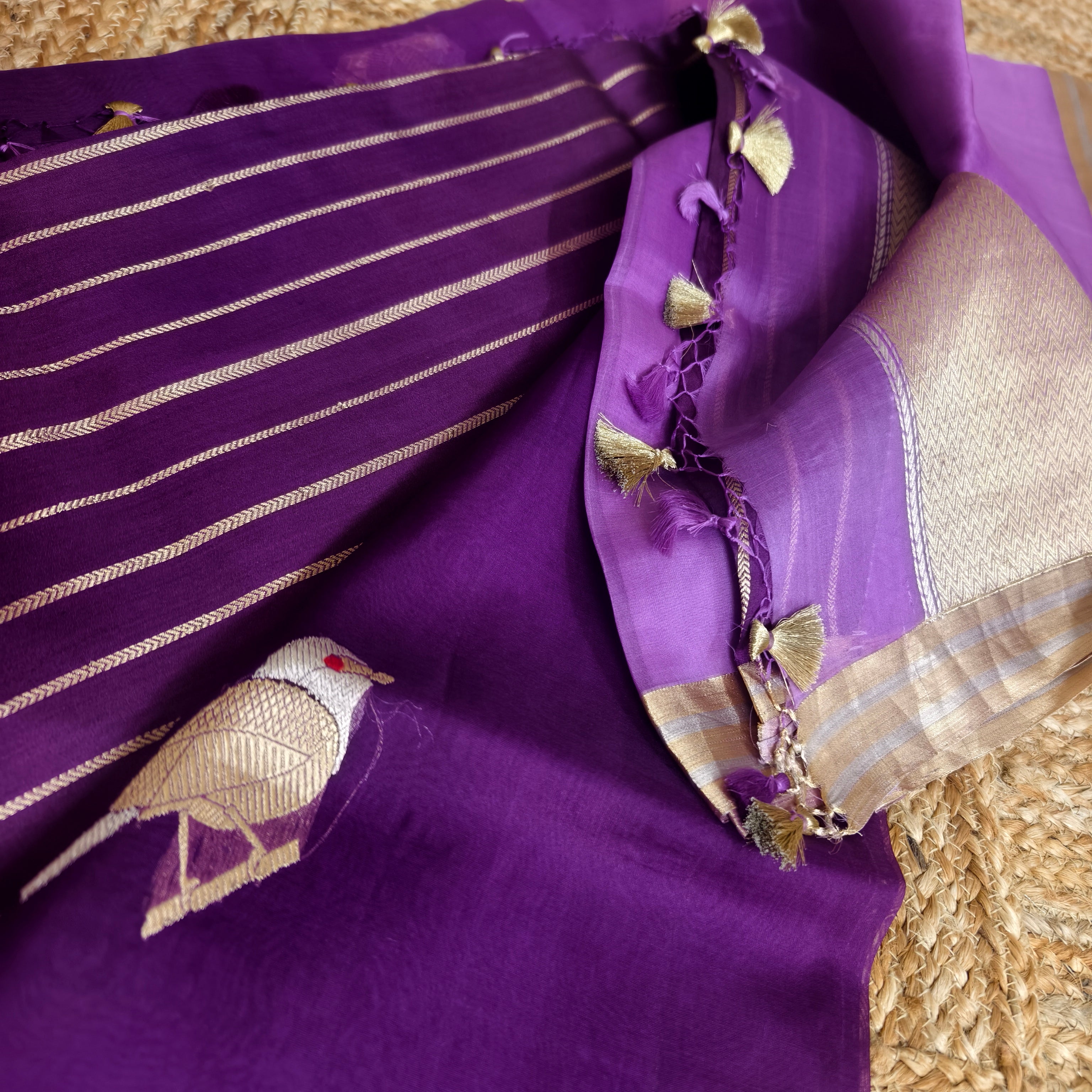Shaded purple silk organza saree with small bird shaped weaving