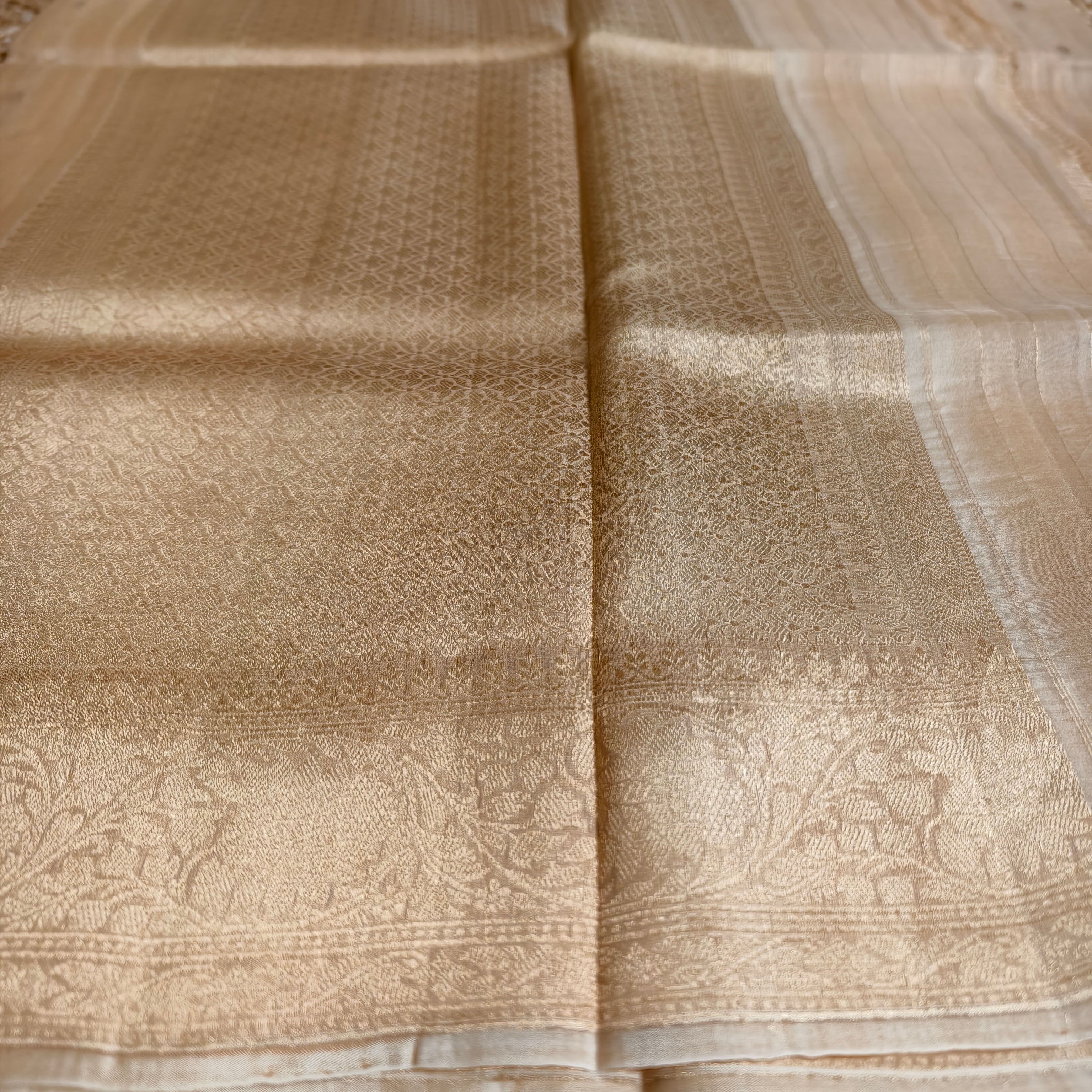 Beige golden katan raw mango silk saree with golden small butti