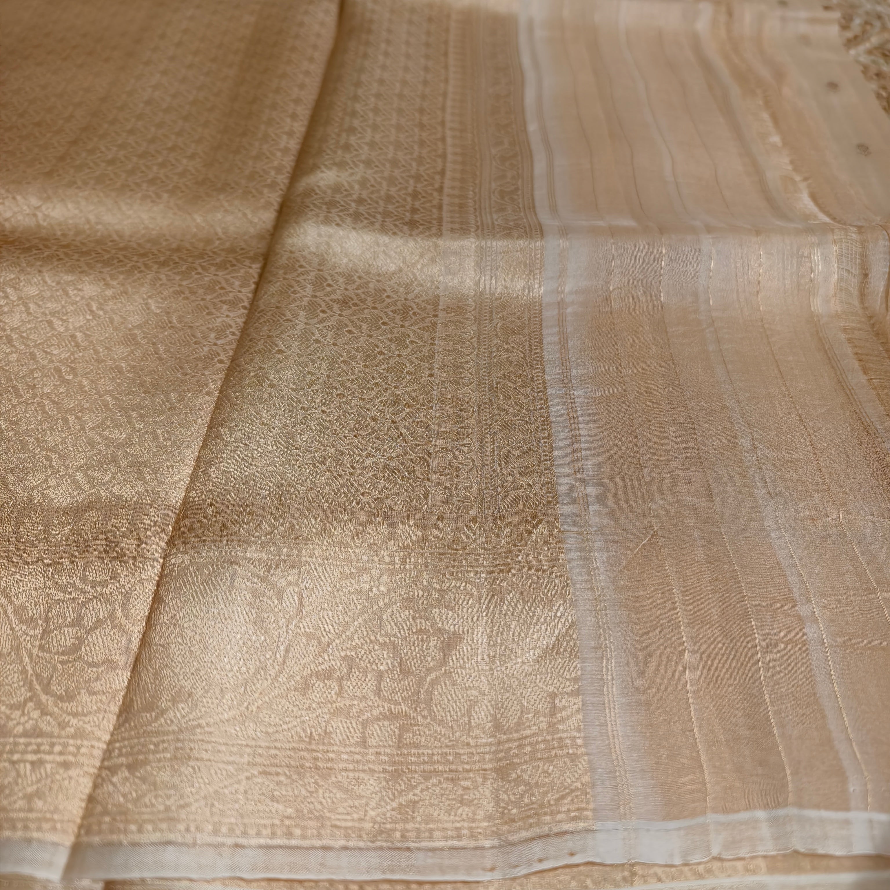 Beige golden katan raw mango silk saree with golden small butti