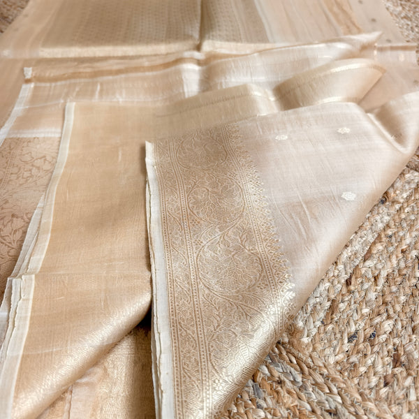 Beige golden katan raw mango silk saree with golden small butti