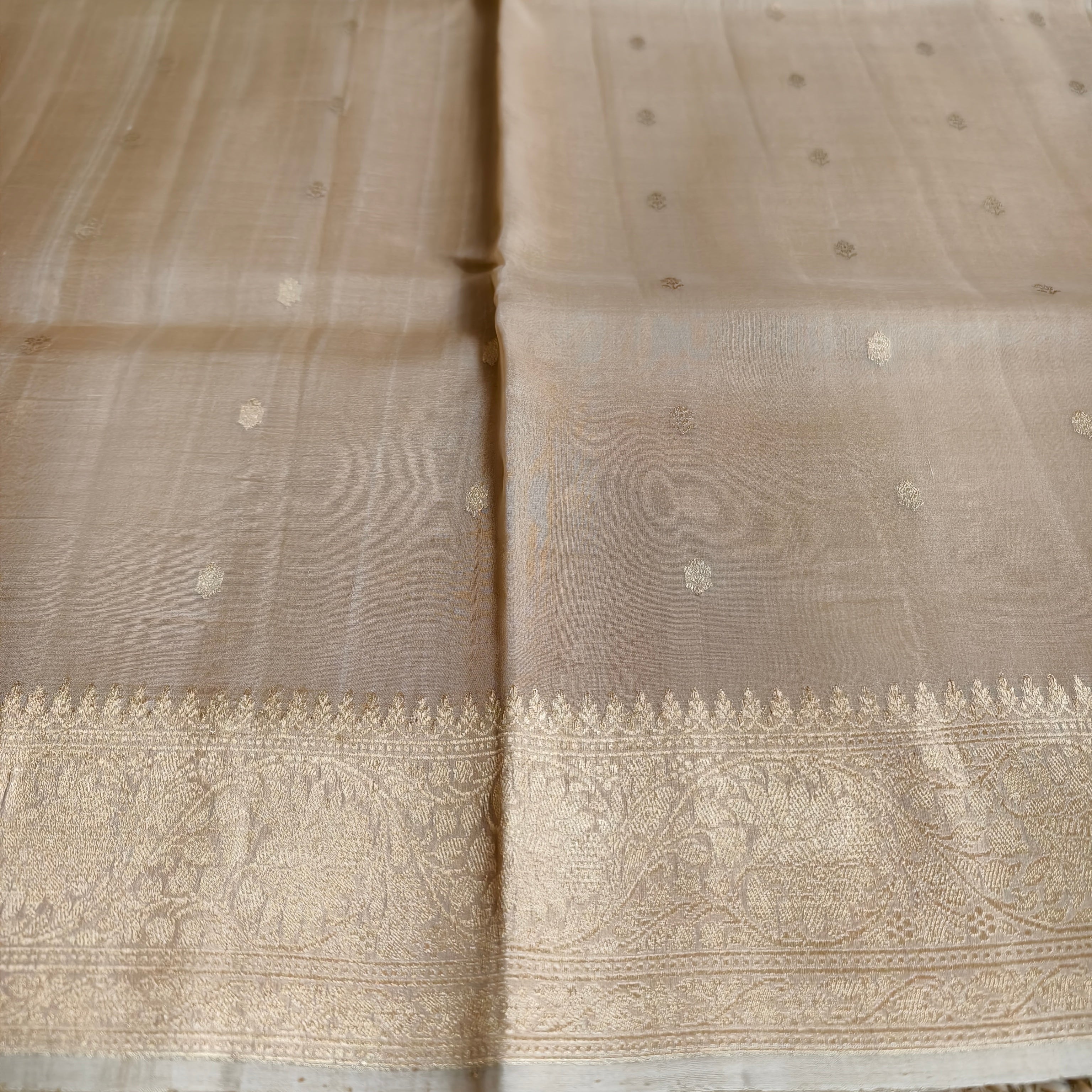 Beige golden katan raw mango silk saree with golden small butti