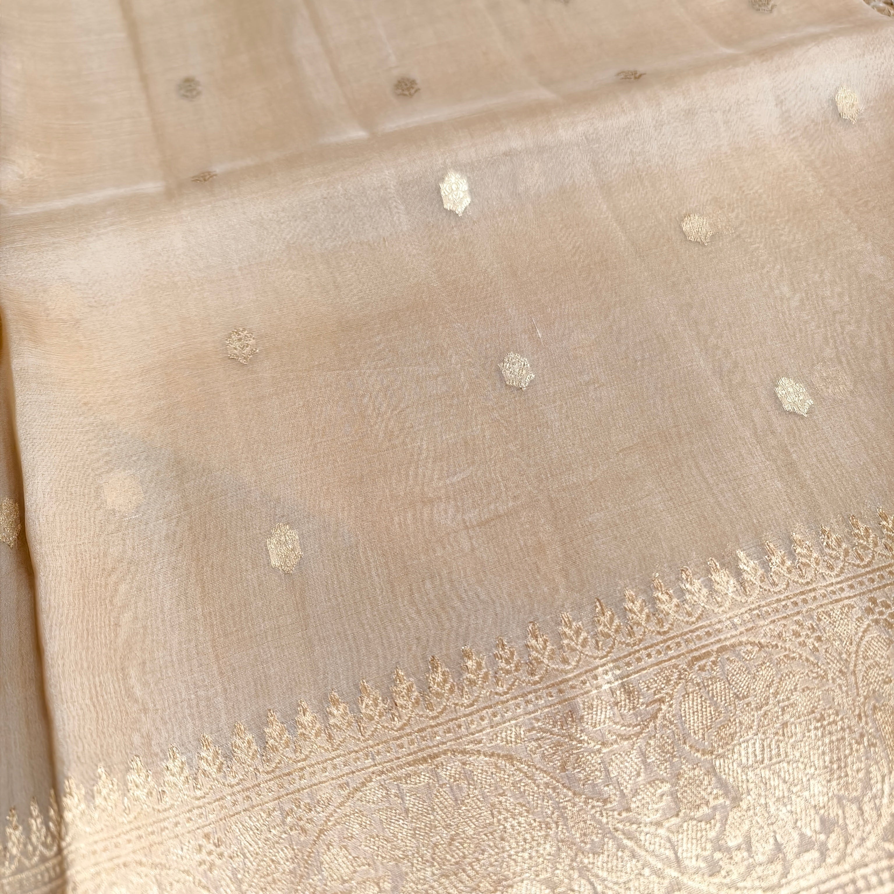Beige golden katan raw mango silk saree with golden small butti