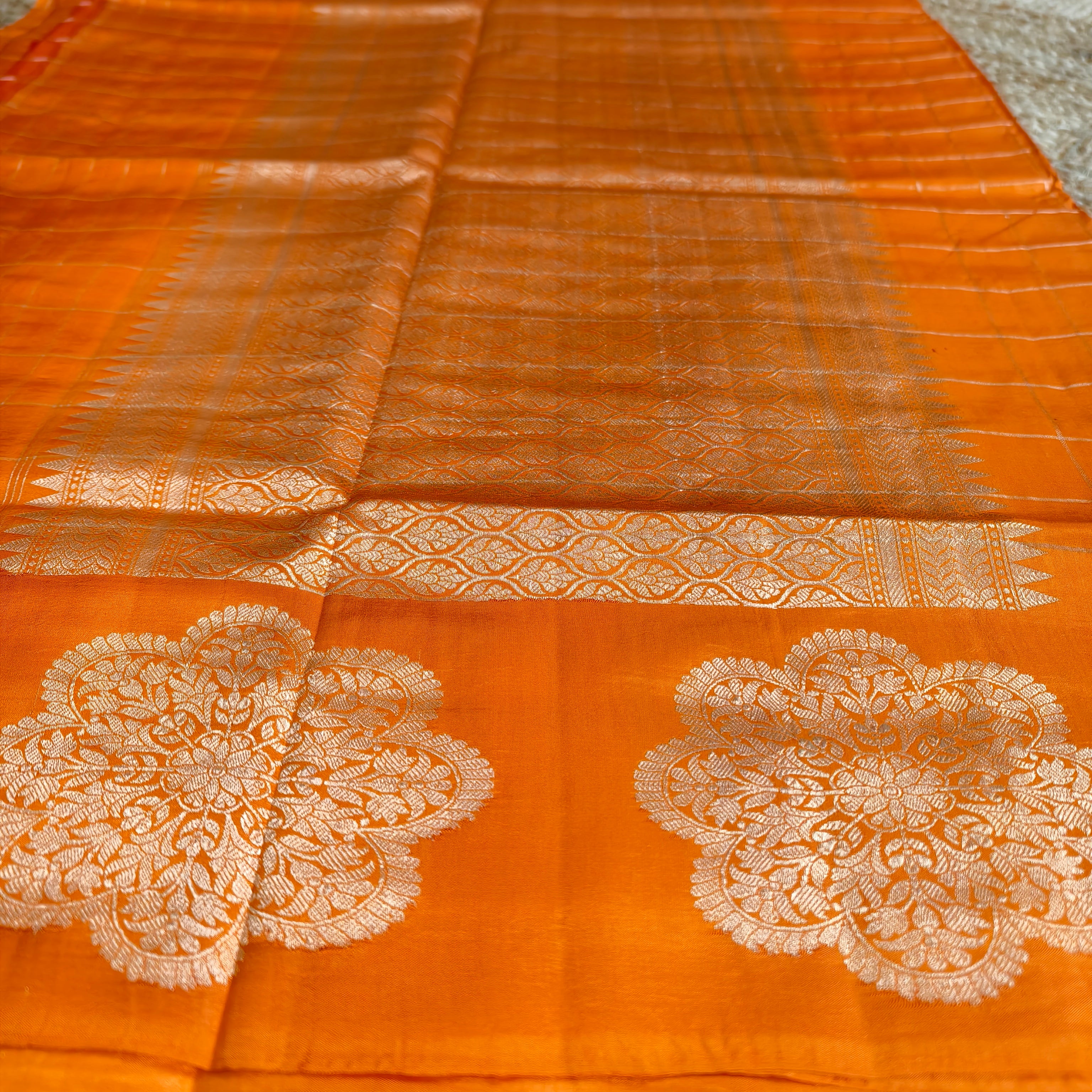 Orange katan raw mango silk Checkered saree