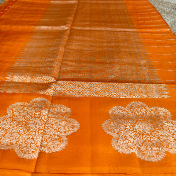 Orange katan raw mango silk Checkered saree