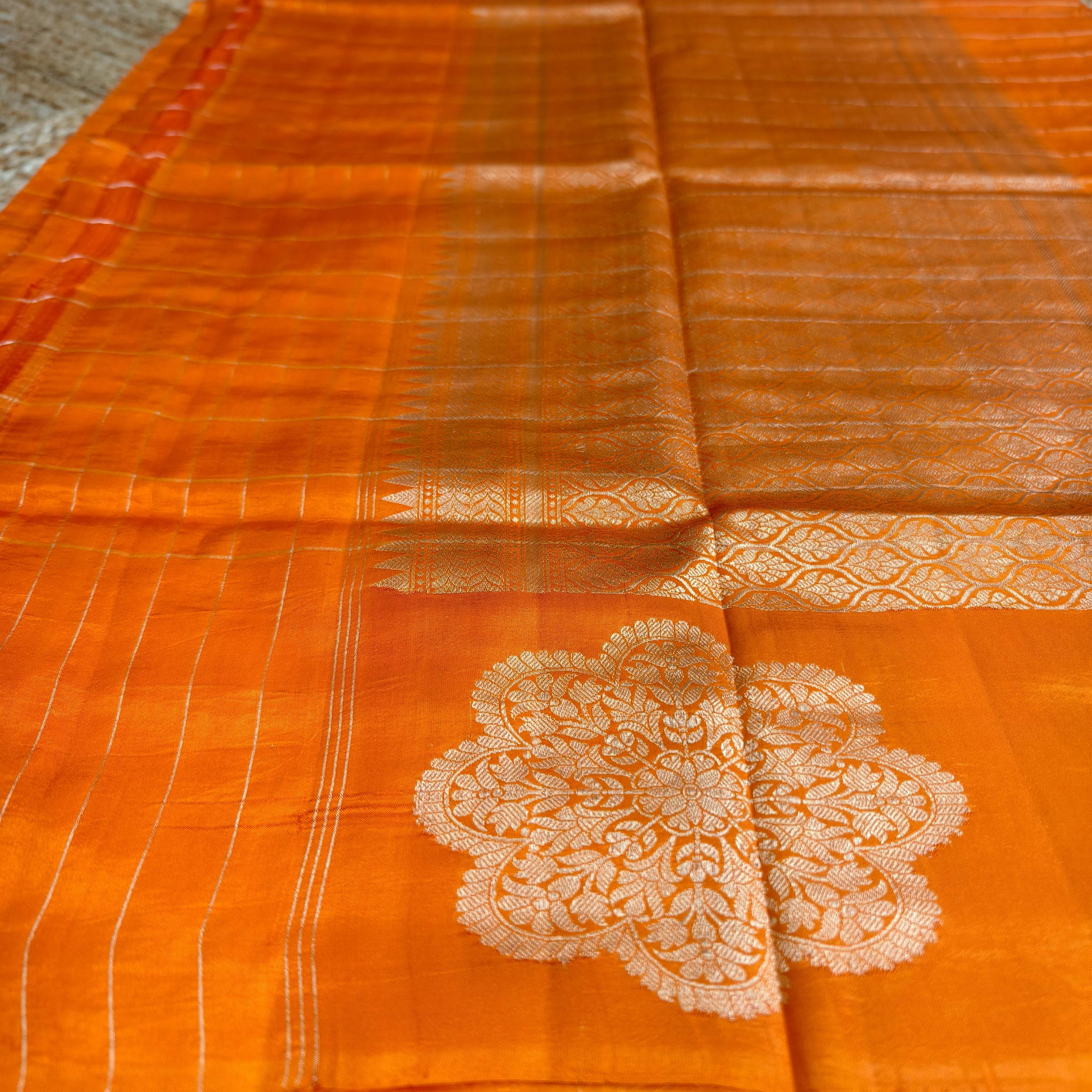 Orange katan raw mango silk Checkered saree