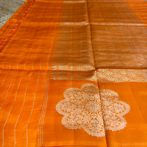 Orange katan raw mango silk Checkered saree
