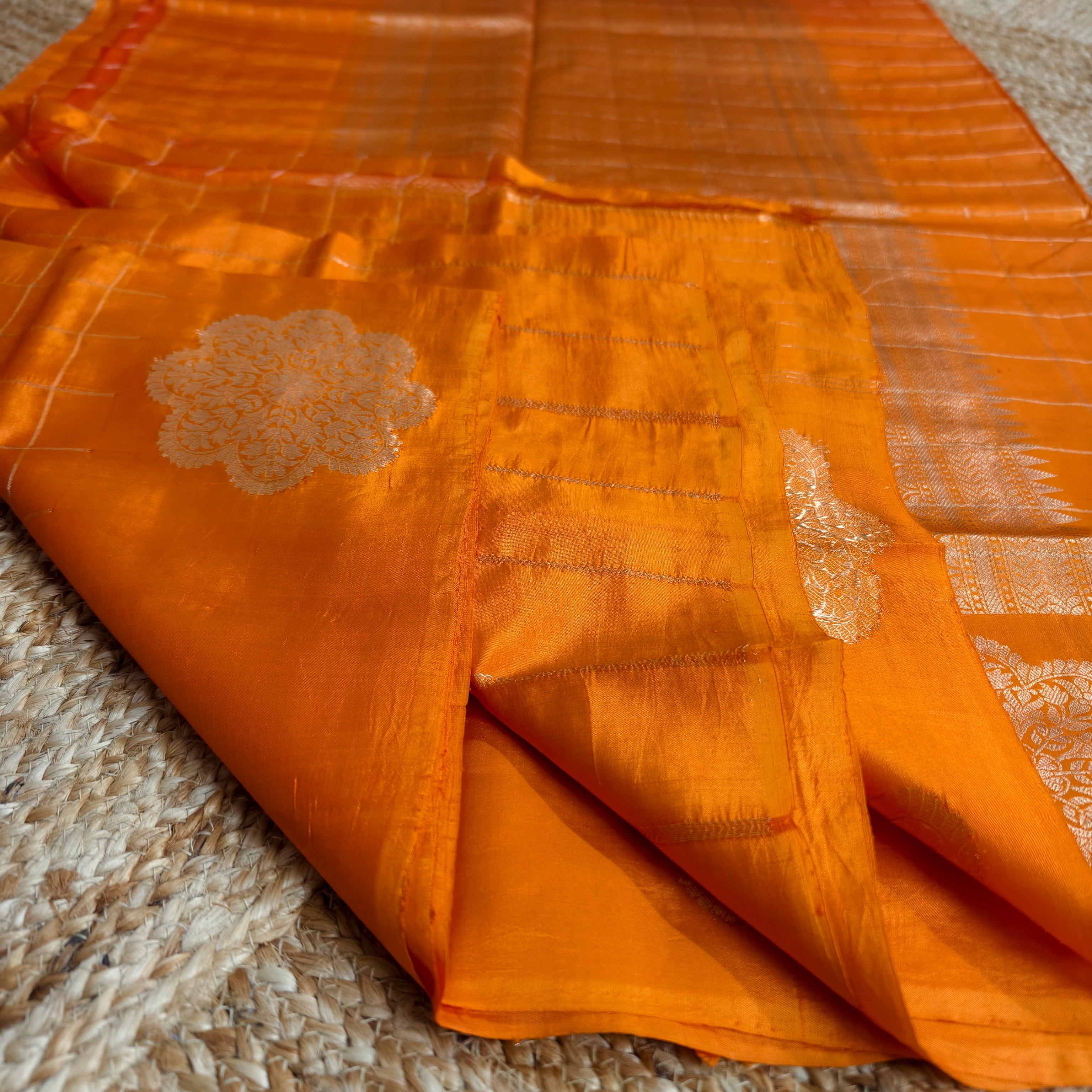 Orange katan raw mango silk Checkered saree