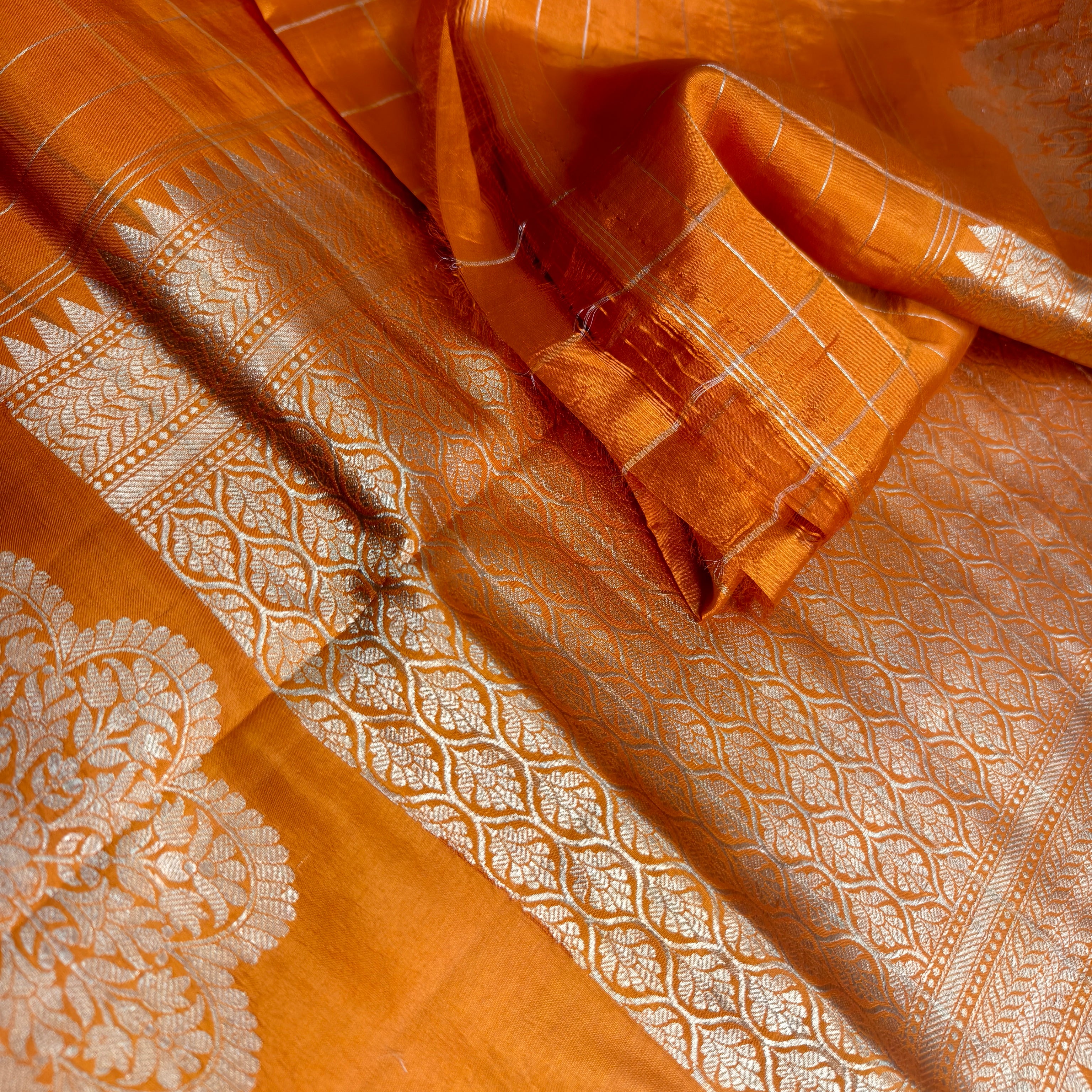 Orange katan raw mango silk Checkered saree