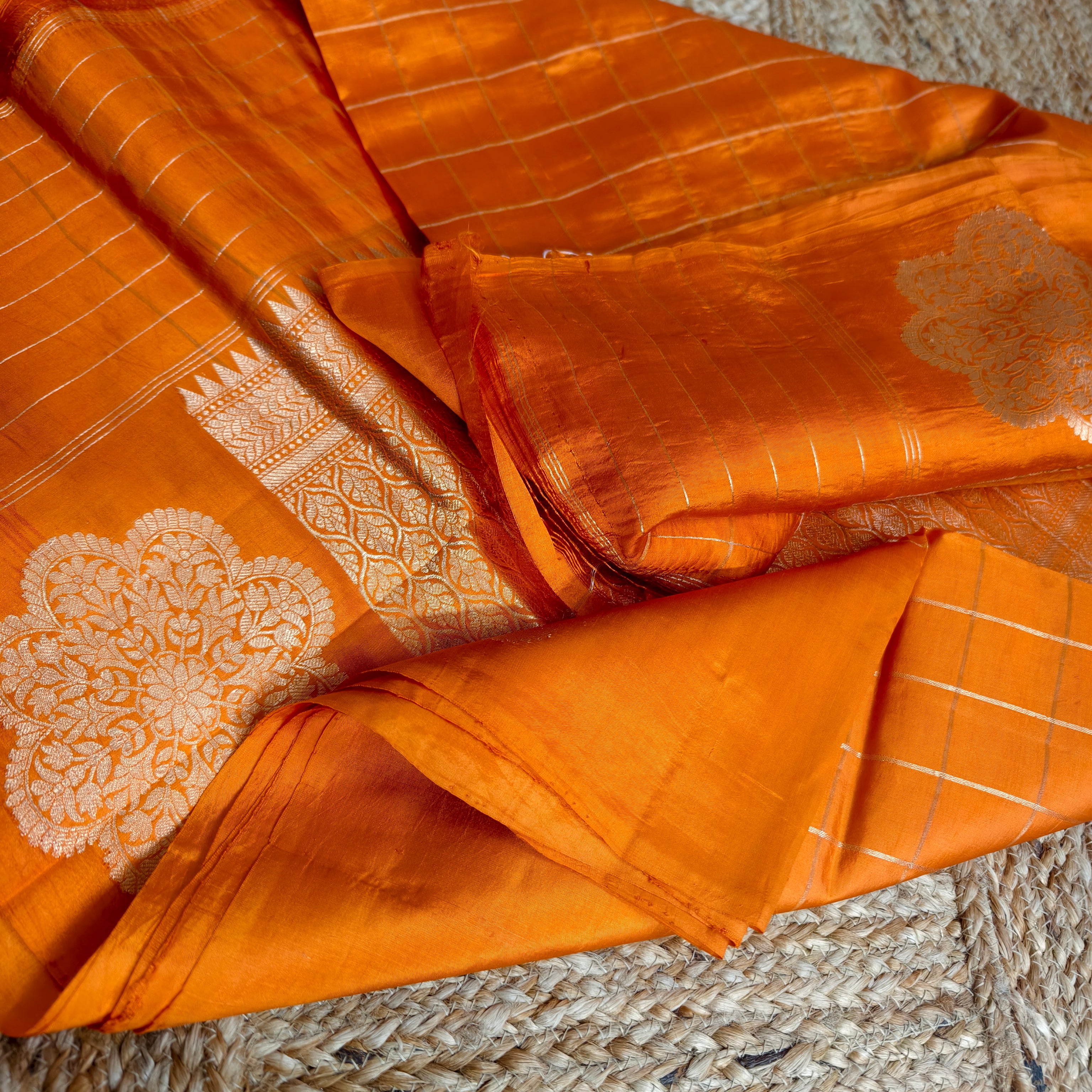 Orange katan raw mango silk Checkered saree