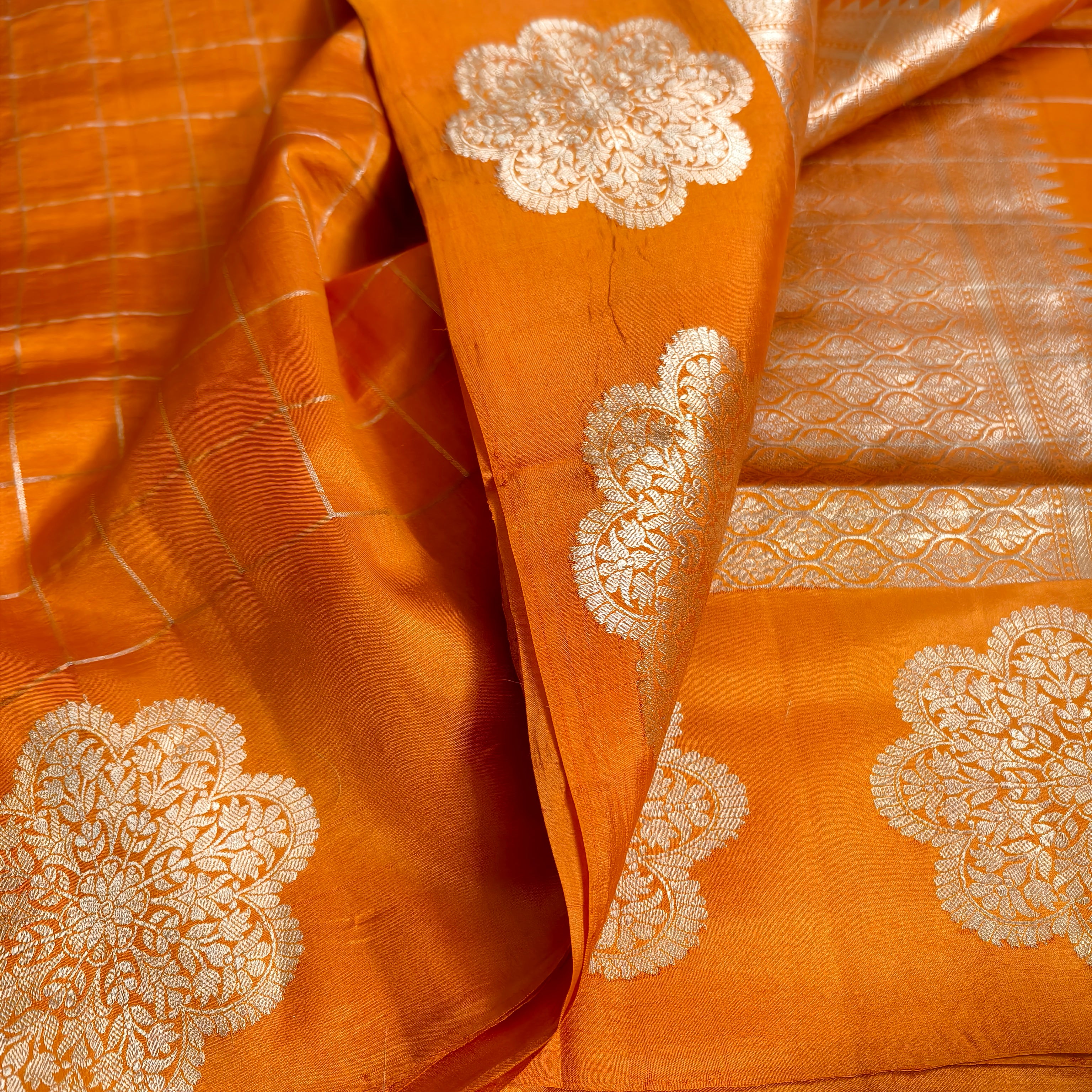 Orange katan raw mango silk Checkered saree