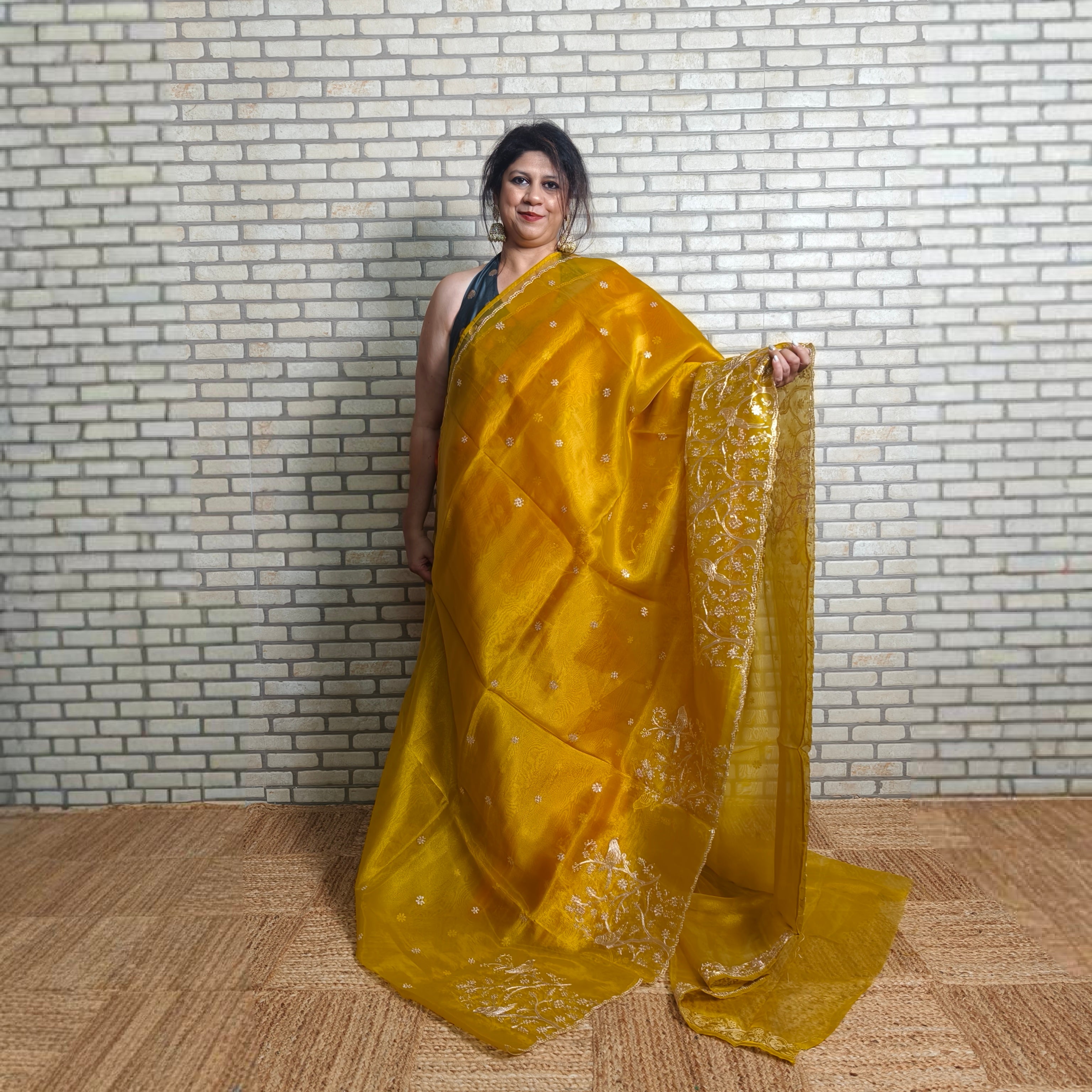 Mustard tissue organza saree