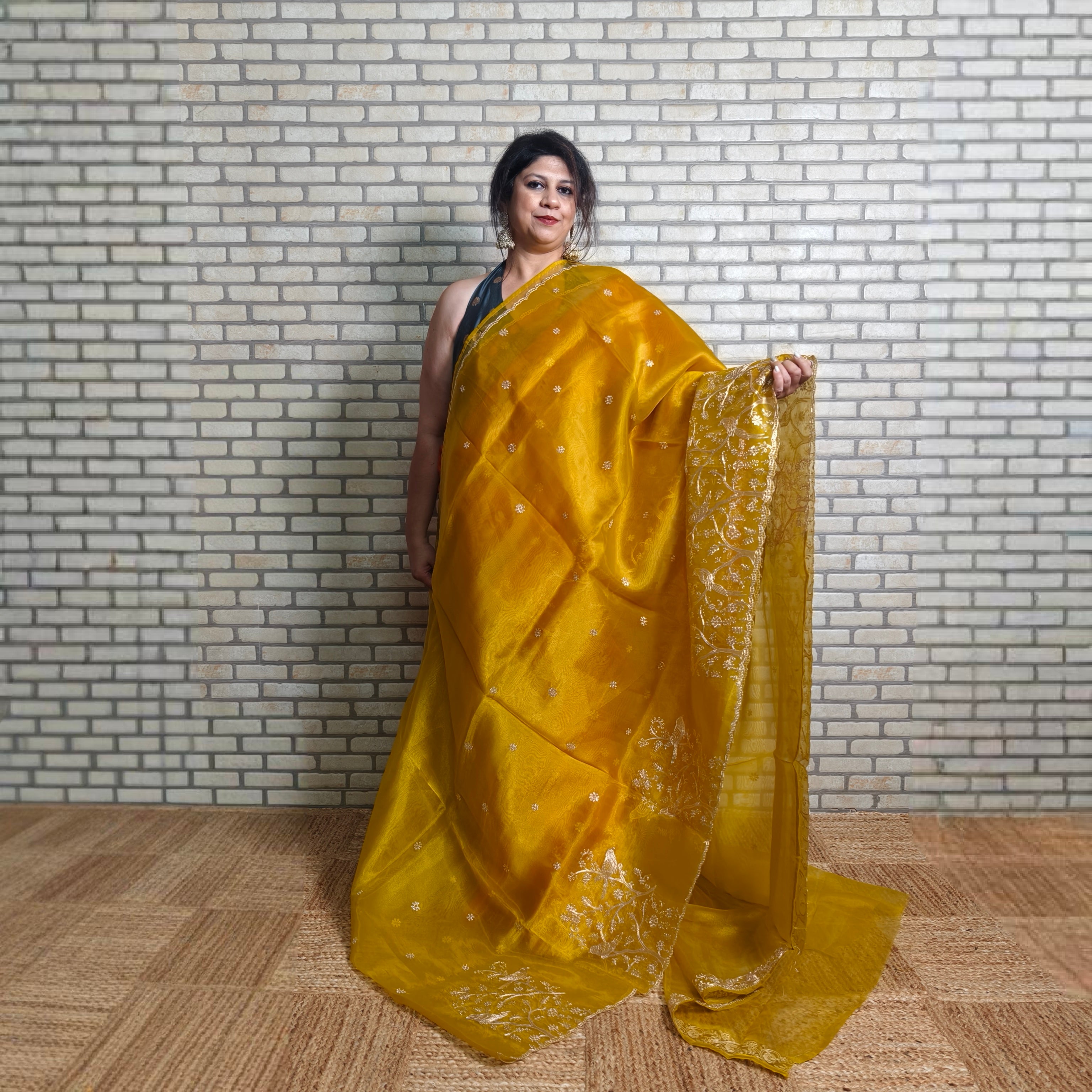 Mustard tissue organza saree