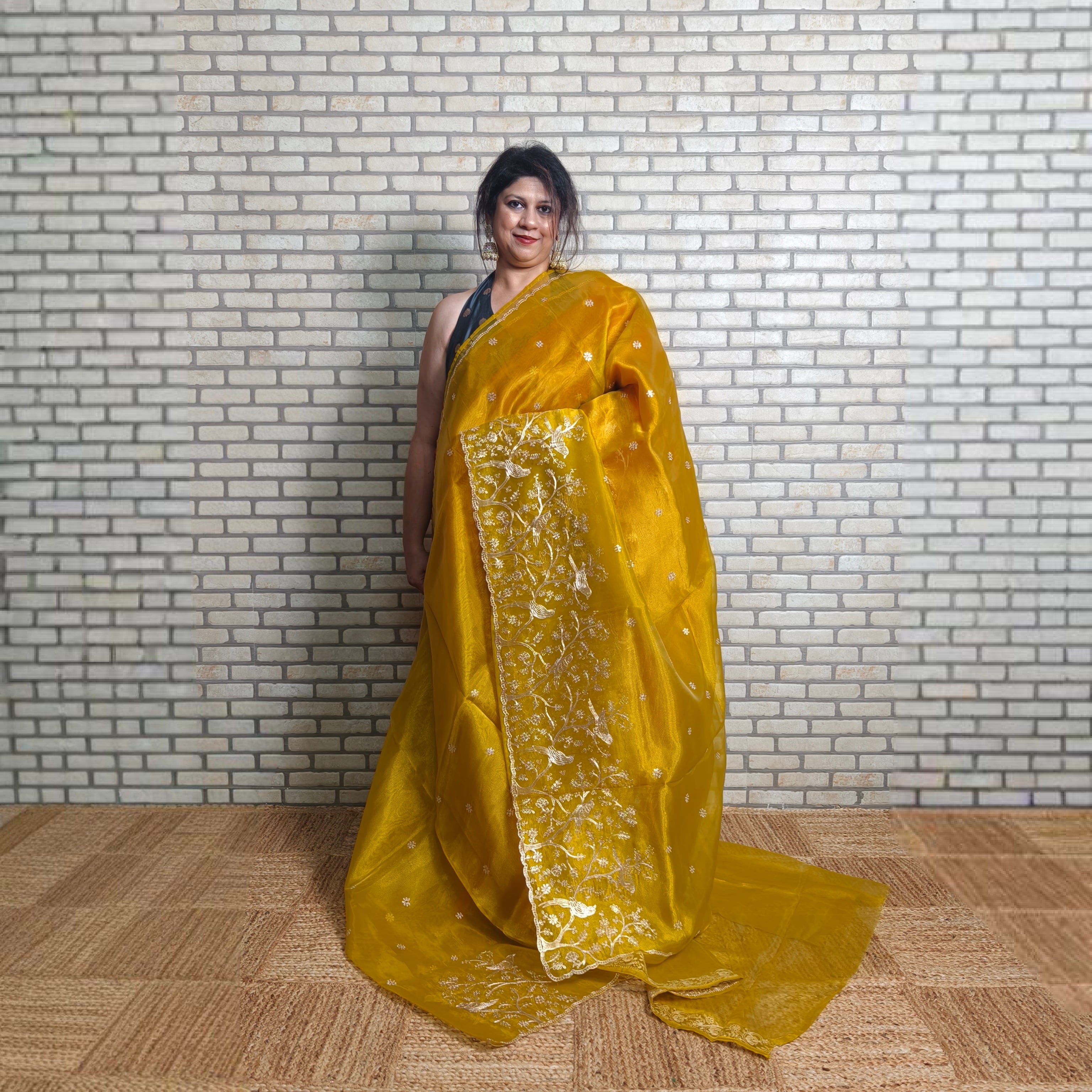Mustard tissue organza saree