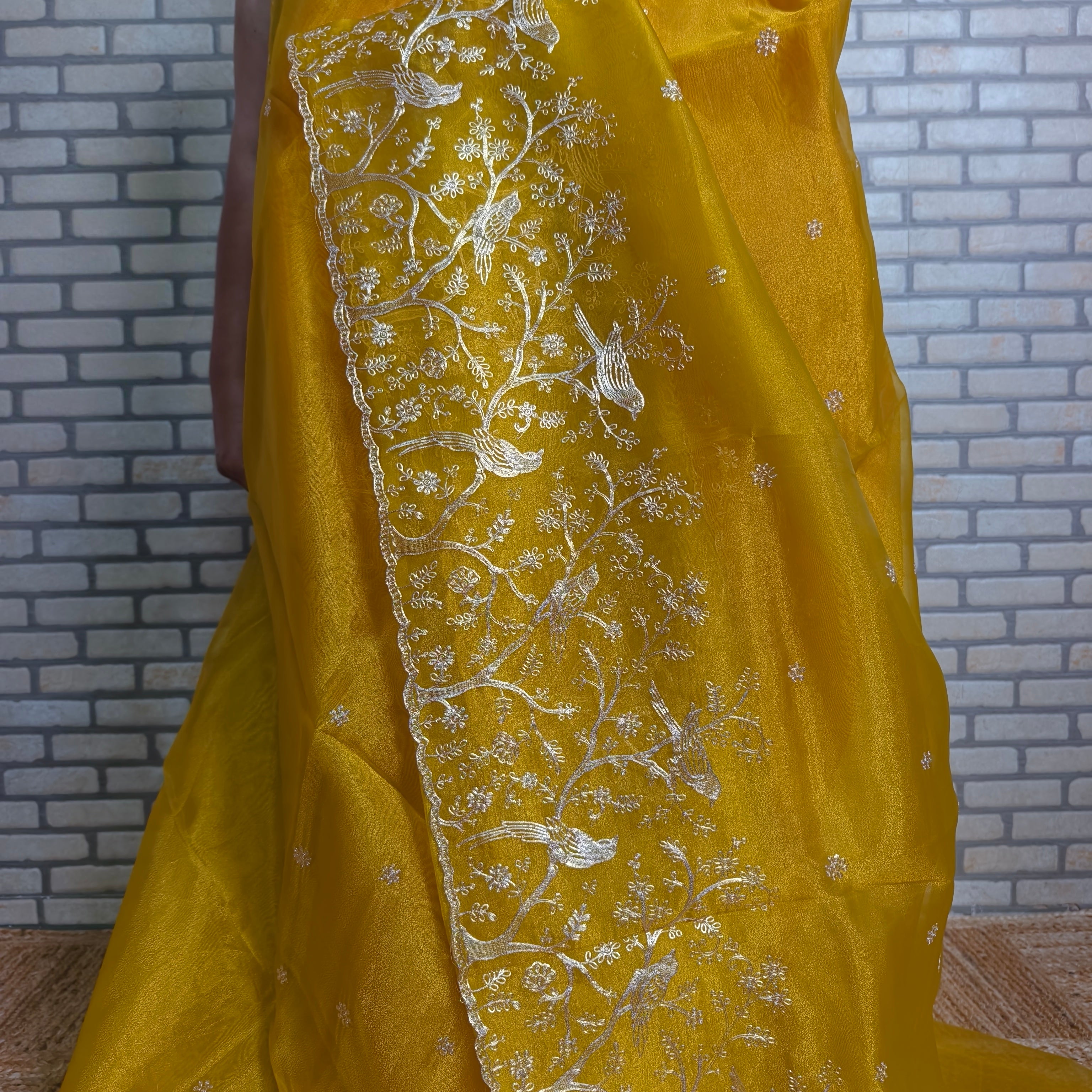 Mustard tissue organza saree
