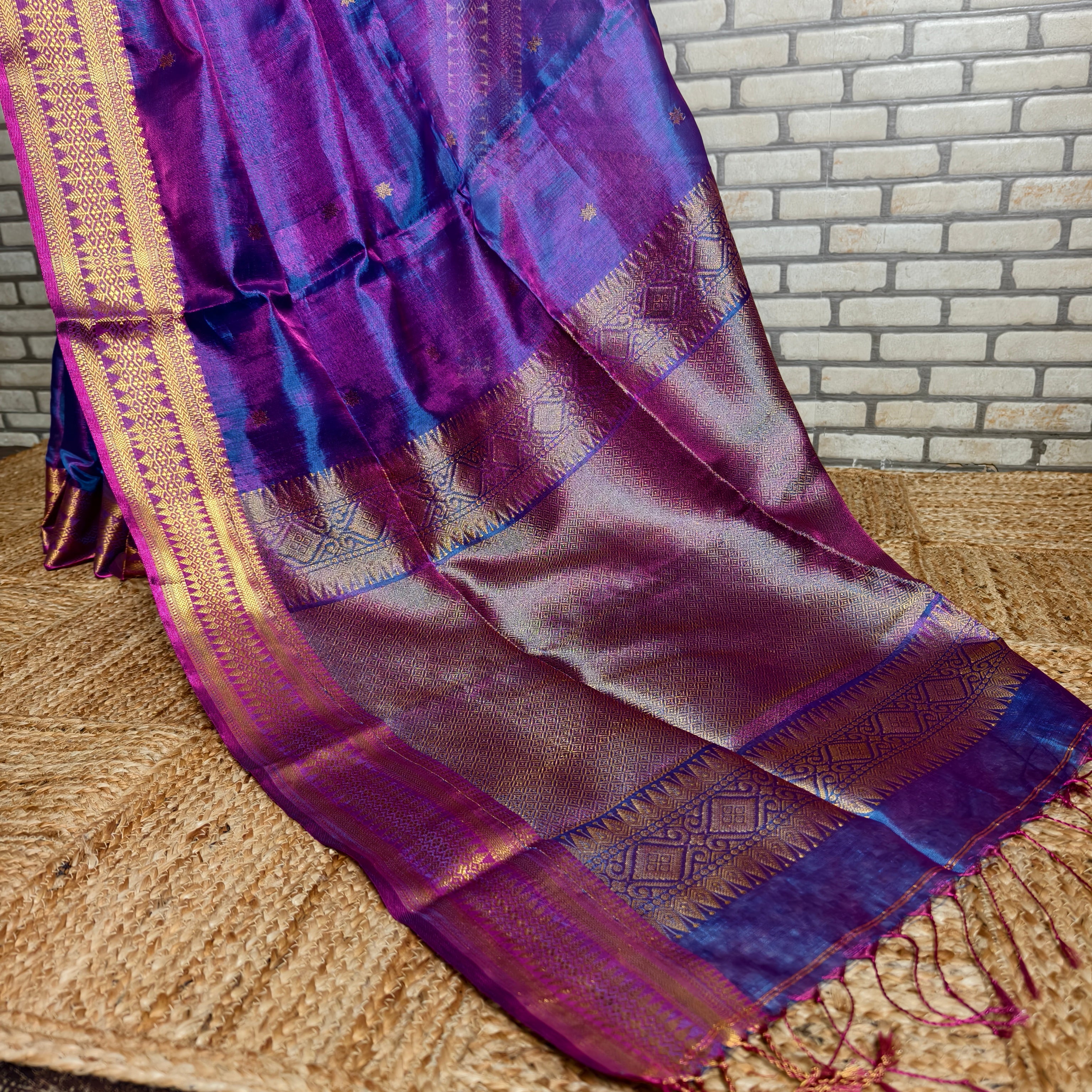 Two tone (pink and blue)Semi tissue silk saree