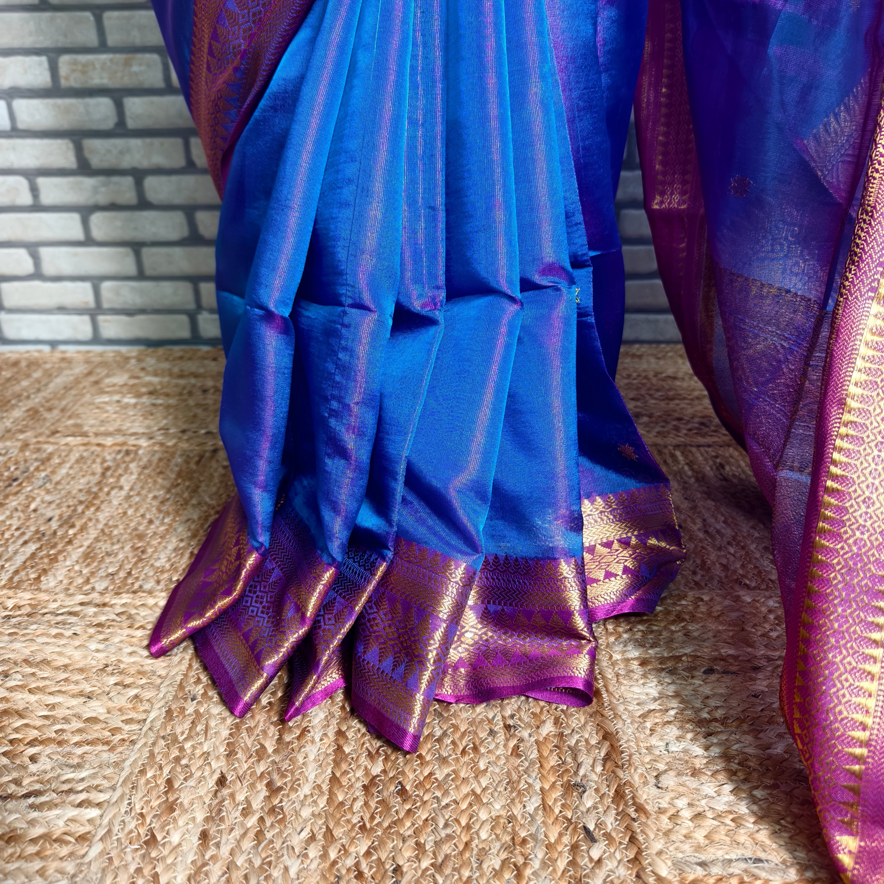 Two tone (pink and blue)Semi tissue silk saree
