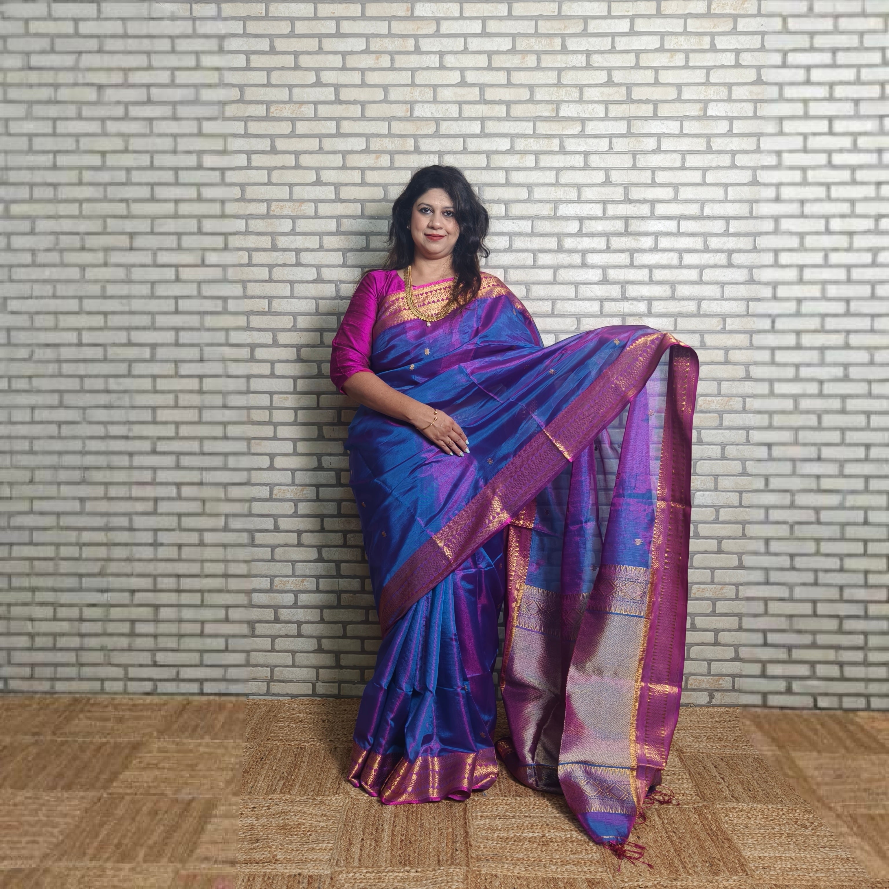 Two tone (pink and blue)Semi tissue silk saree