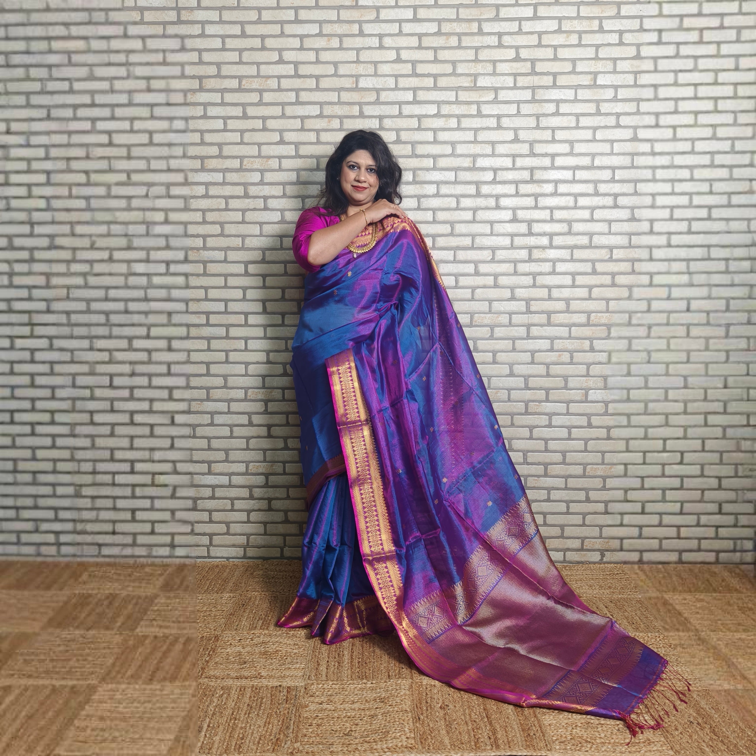 Two tone (pink and blue)Semi tissue silk saree