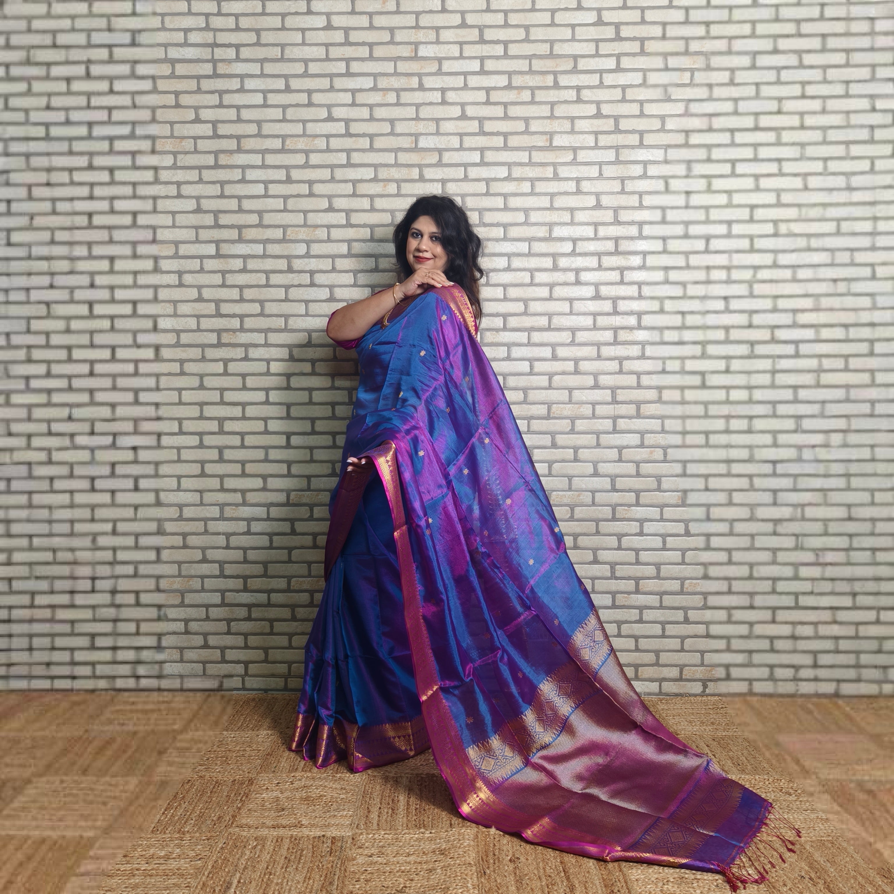 Two tone (pink and blue)Semi tissue silk saree