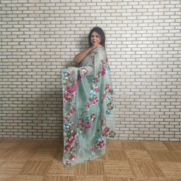 Pista silk organza saree with multicolour floral embroidery