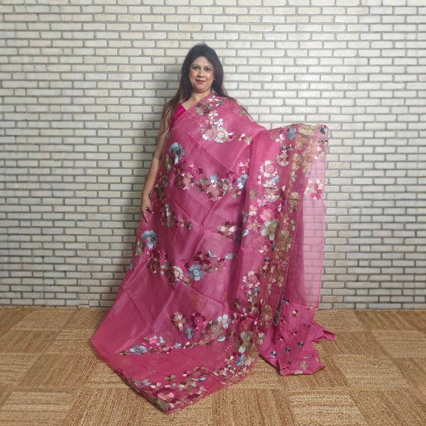 Pink silk organza saree with multicolour floral embroidery