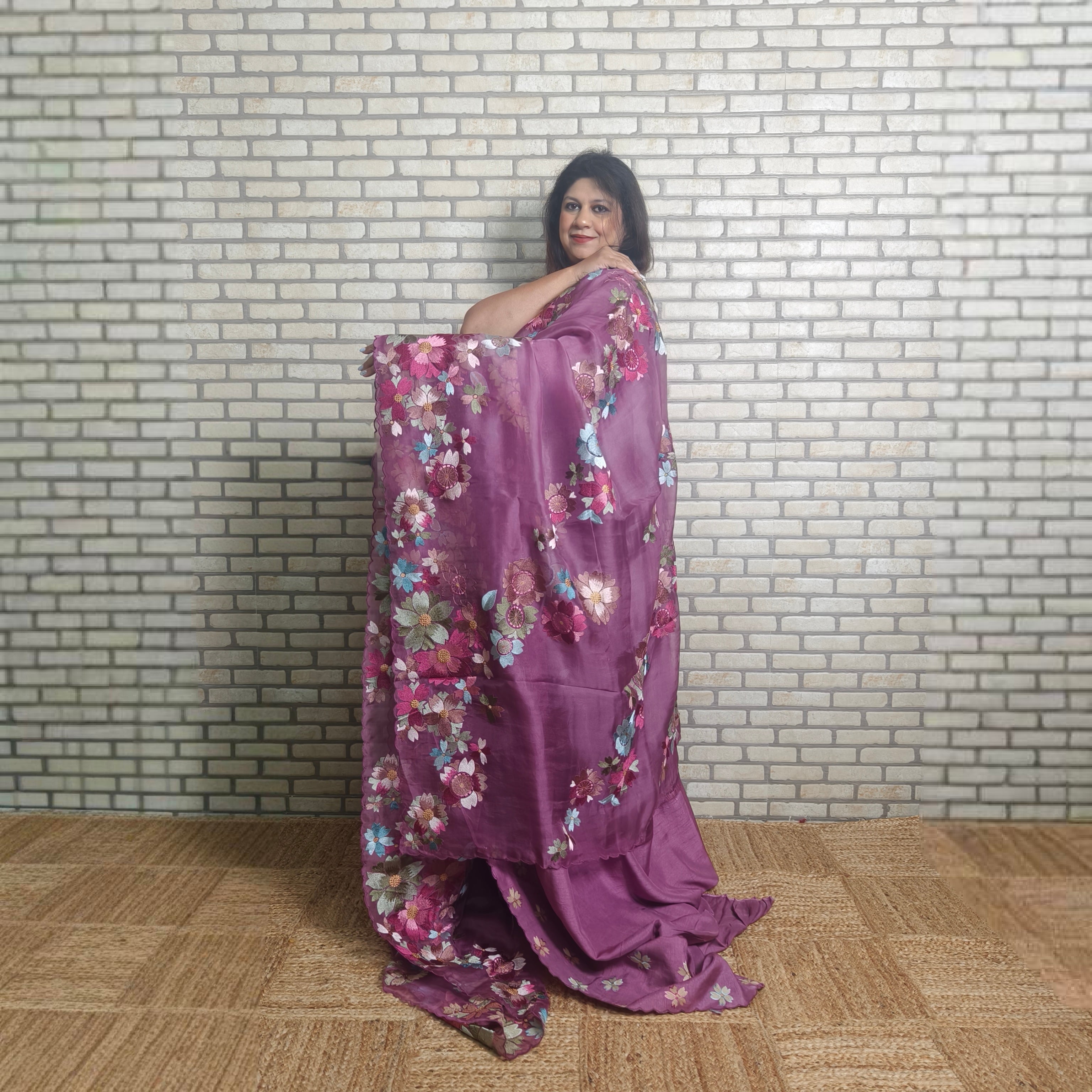 Wine silk organza saree with multicolour floral embroidery
