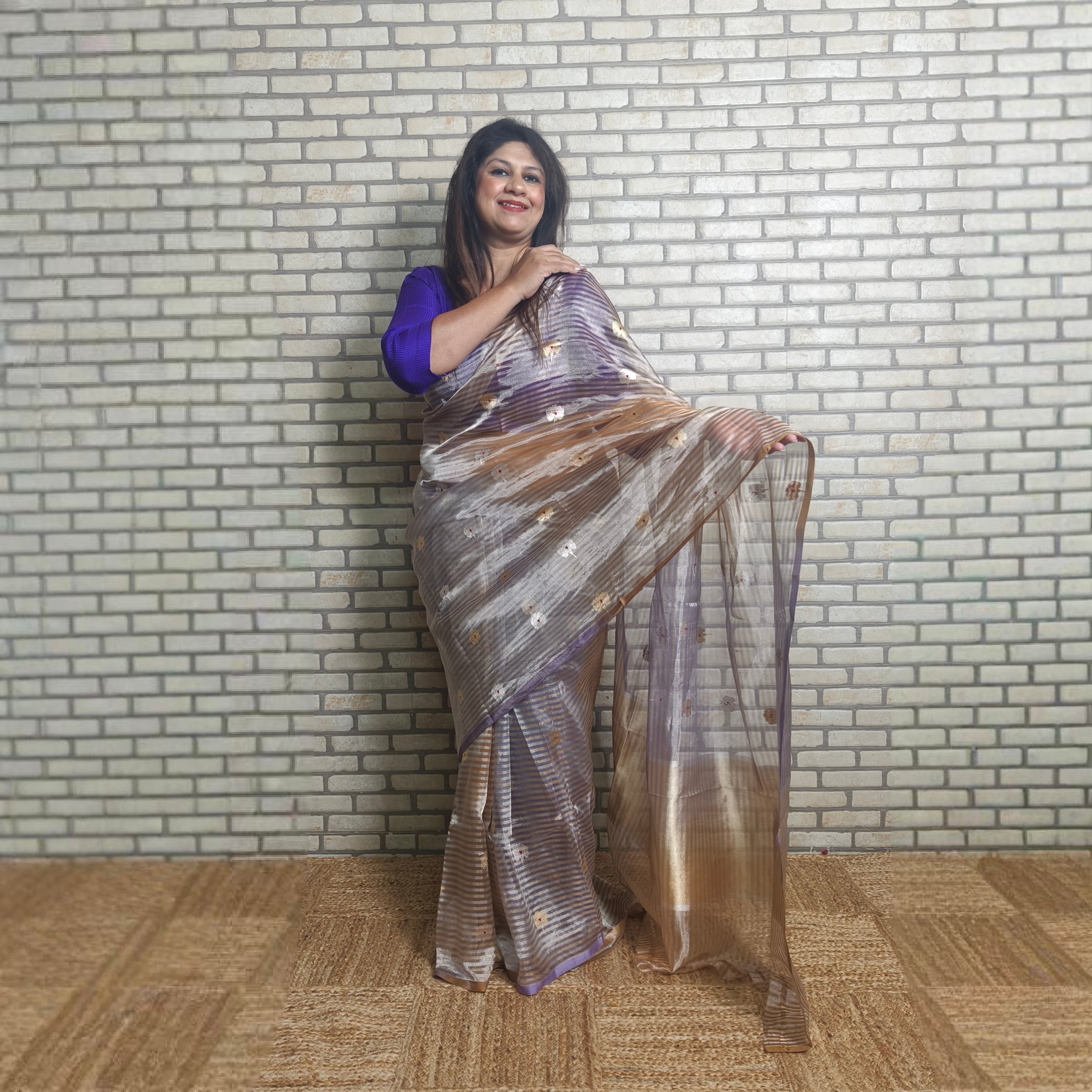 Purple and mustard pure silk tissue striped saree